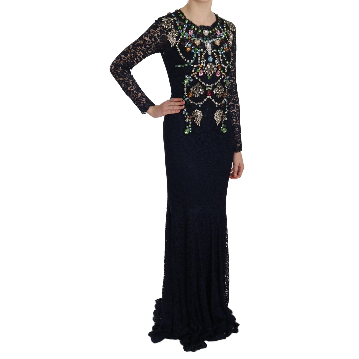 Blue Crystal Floral Lace Long Gown Dress