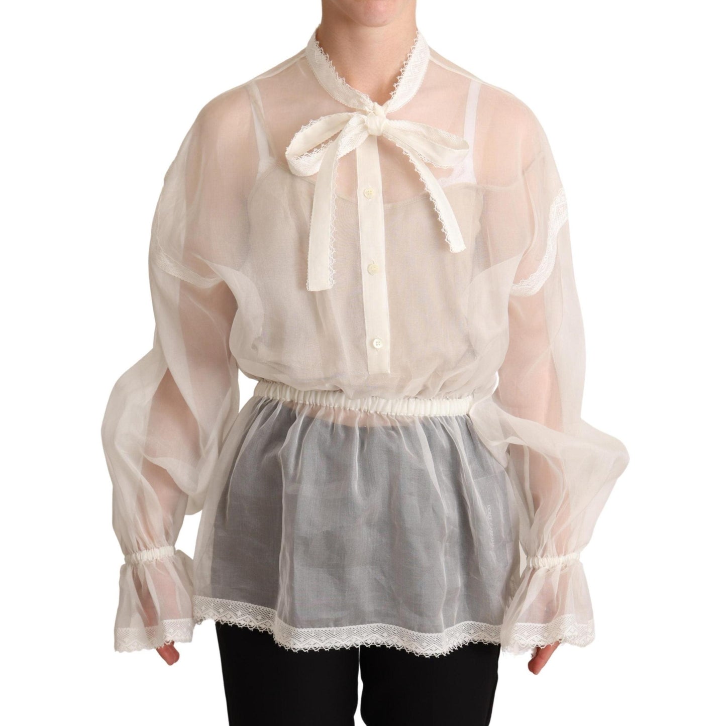 White Ascot Collar Long Sleeves Blouse Top