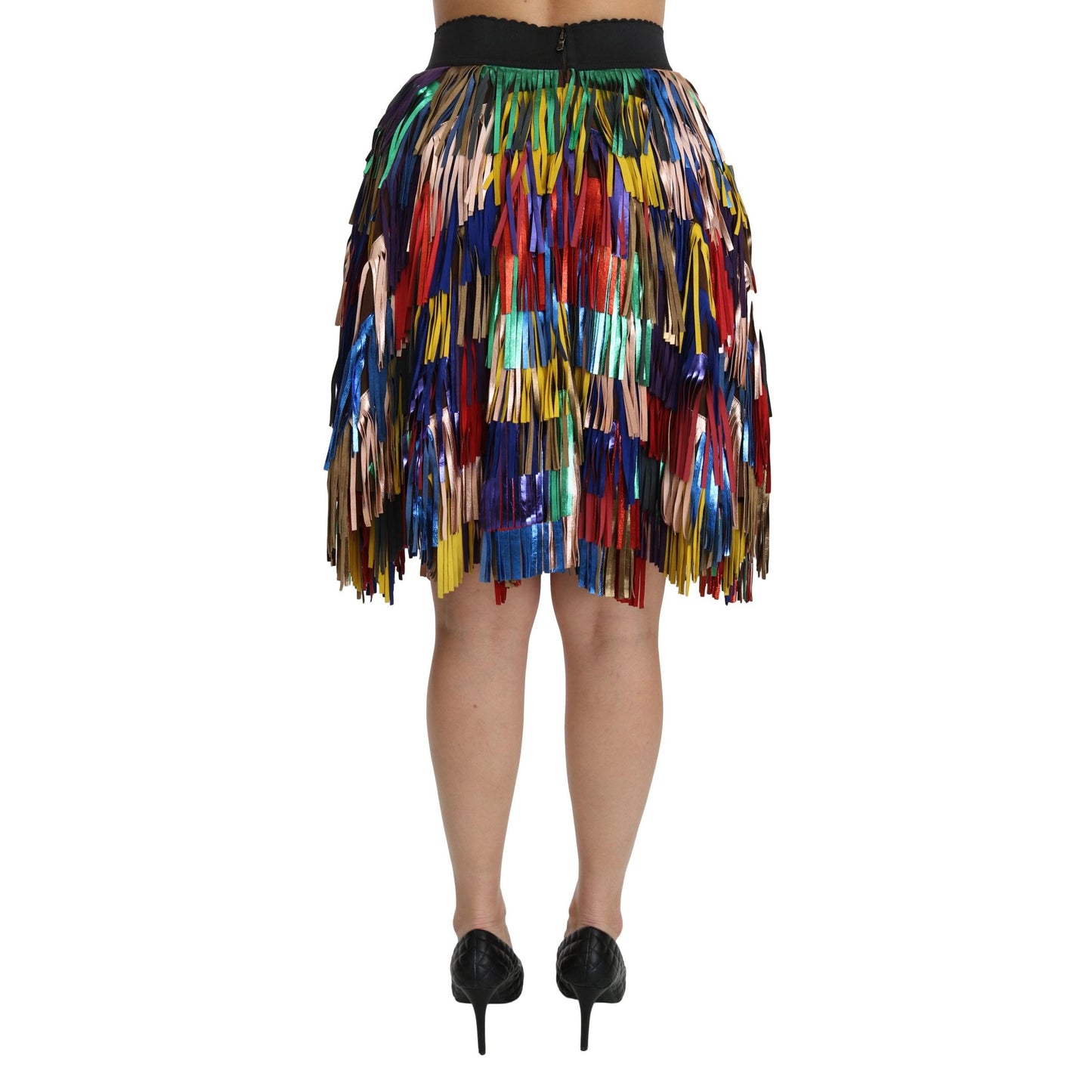 Red Yellow High Waist Knee Length Leather Skirt
