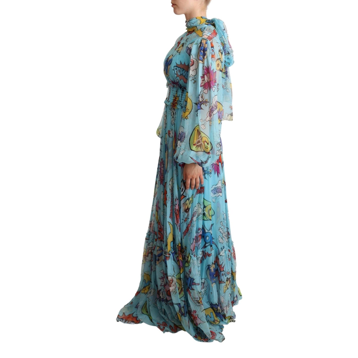 Blue Cartoon Print Pleated Silk Maxi Dress