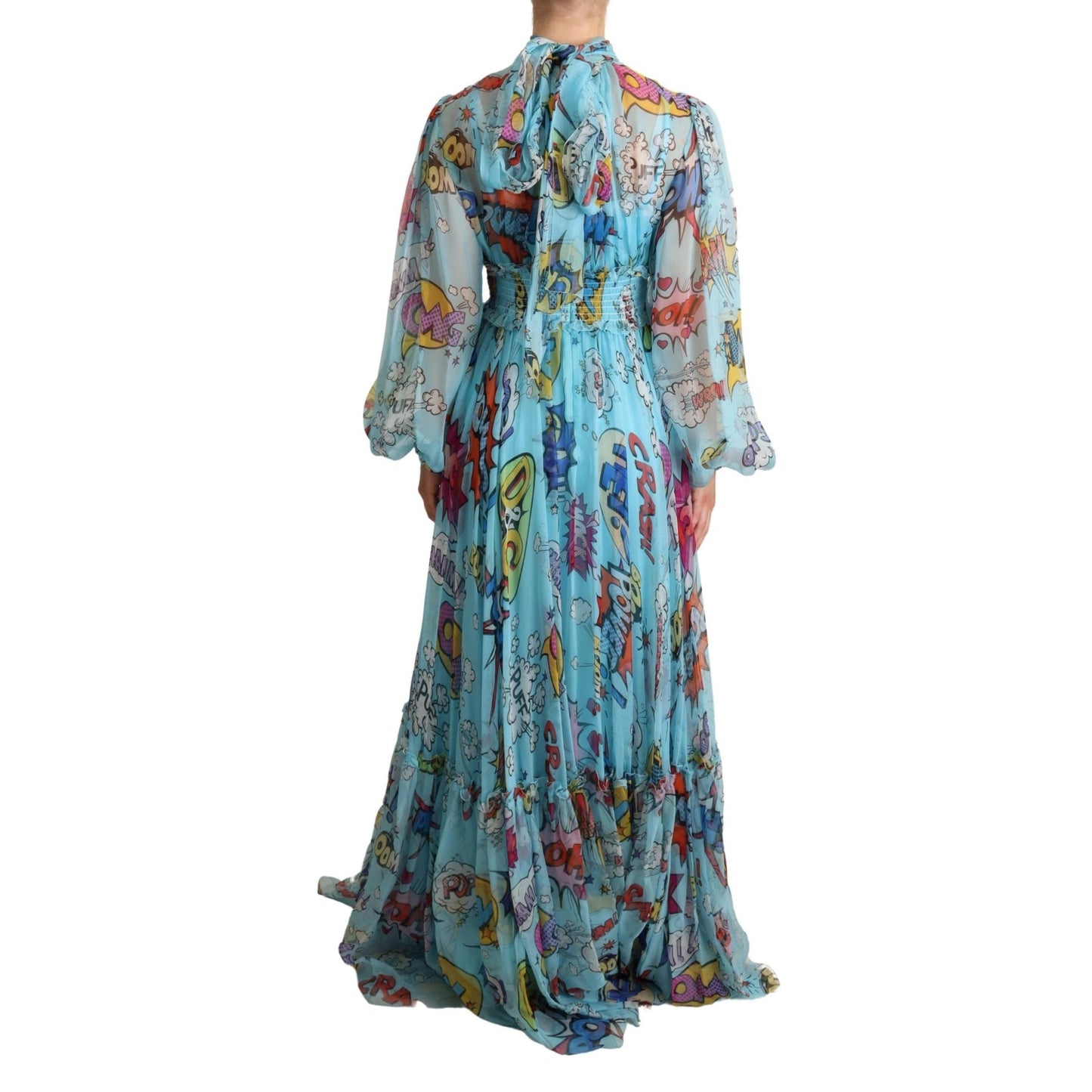 Blue Cartoon Print Pleated Silk Maxi Dress