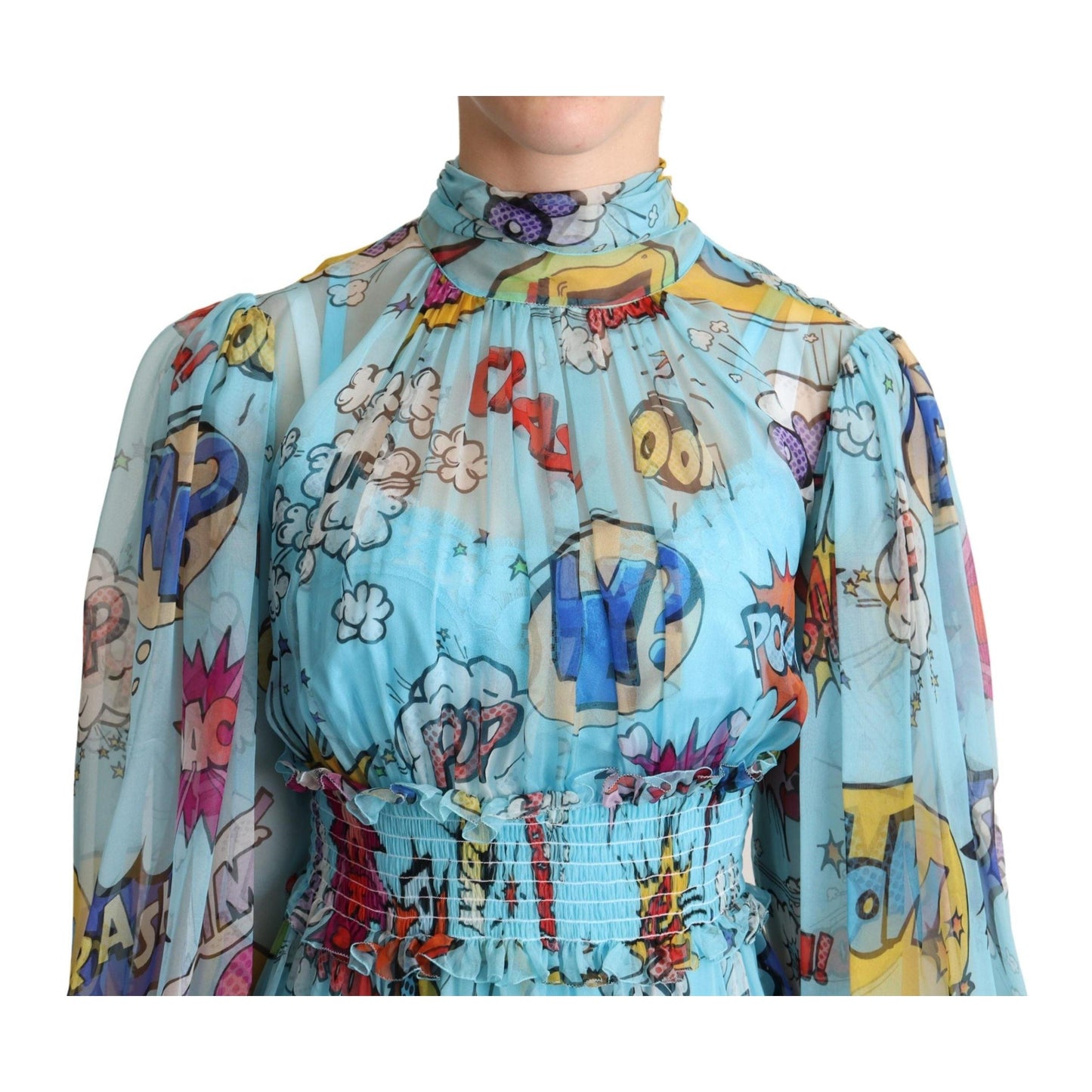 Blue Cartoon Print Pleated Silk Maxi Dress