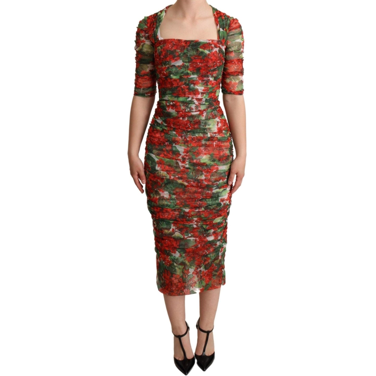 Red Floral Print Tulle Sheath Midi Dress