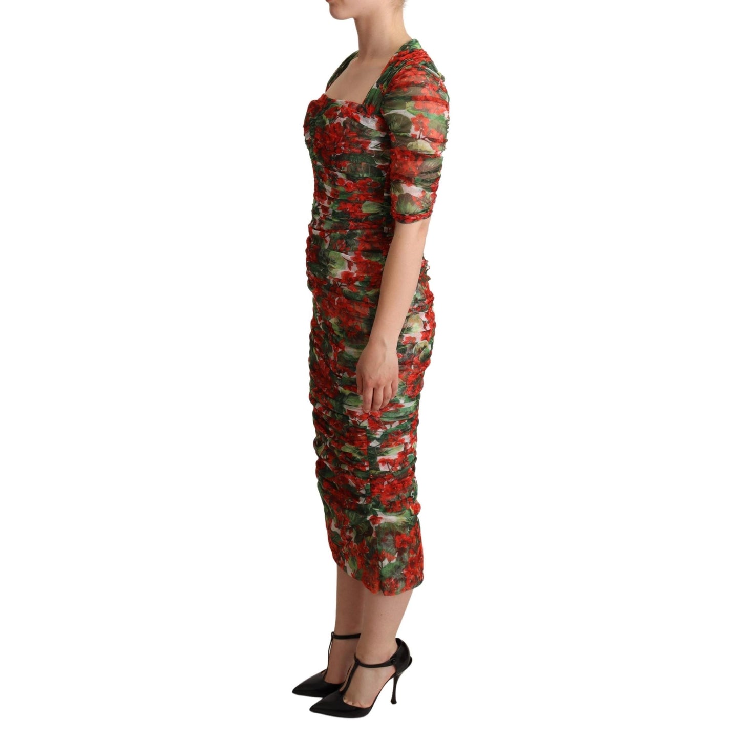Red Floral Print Tulle Sheath Midi Dress