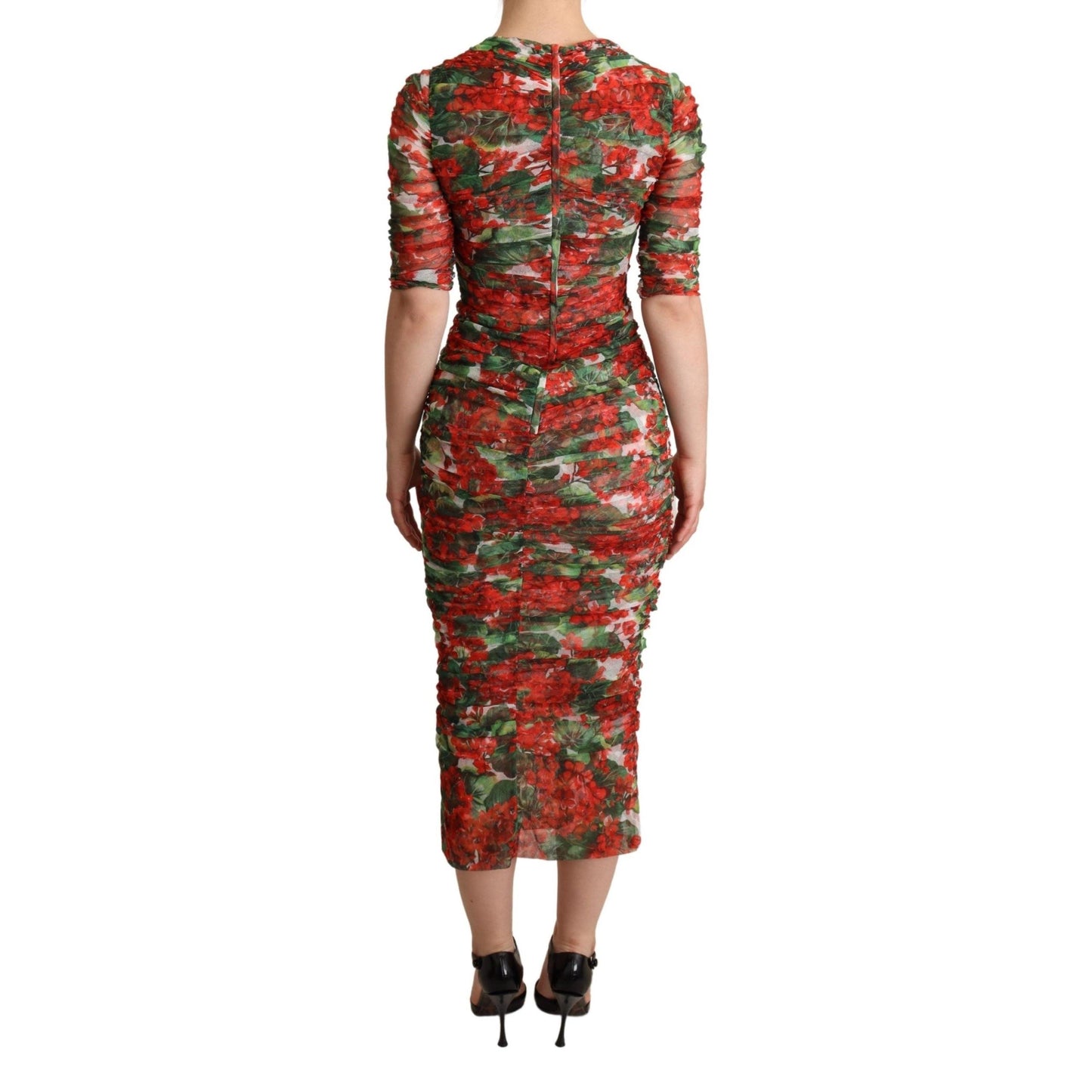 Red Floral Print Tulle Sheath Midi Dress