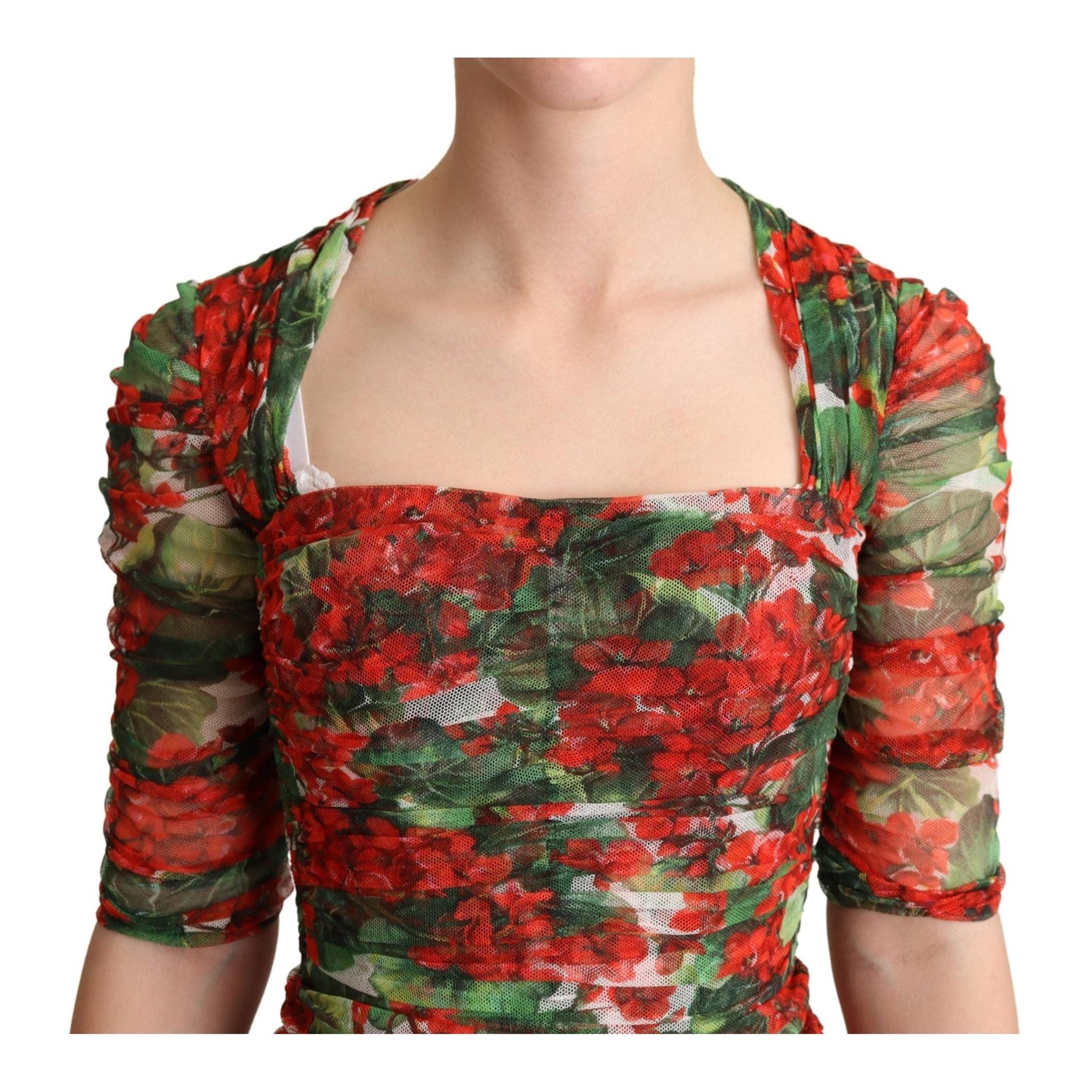 Red Floral Print Tulle Sheath Midi Dress