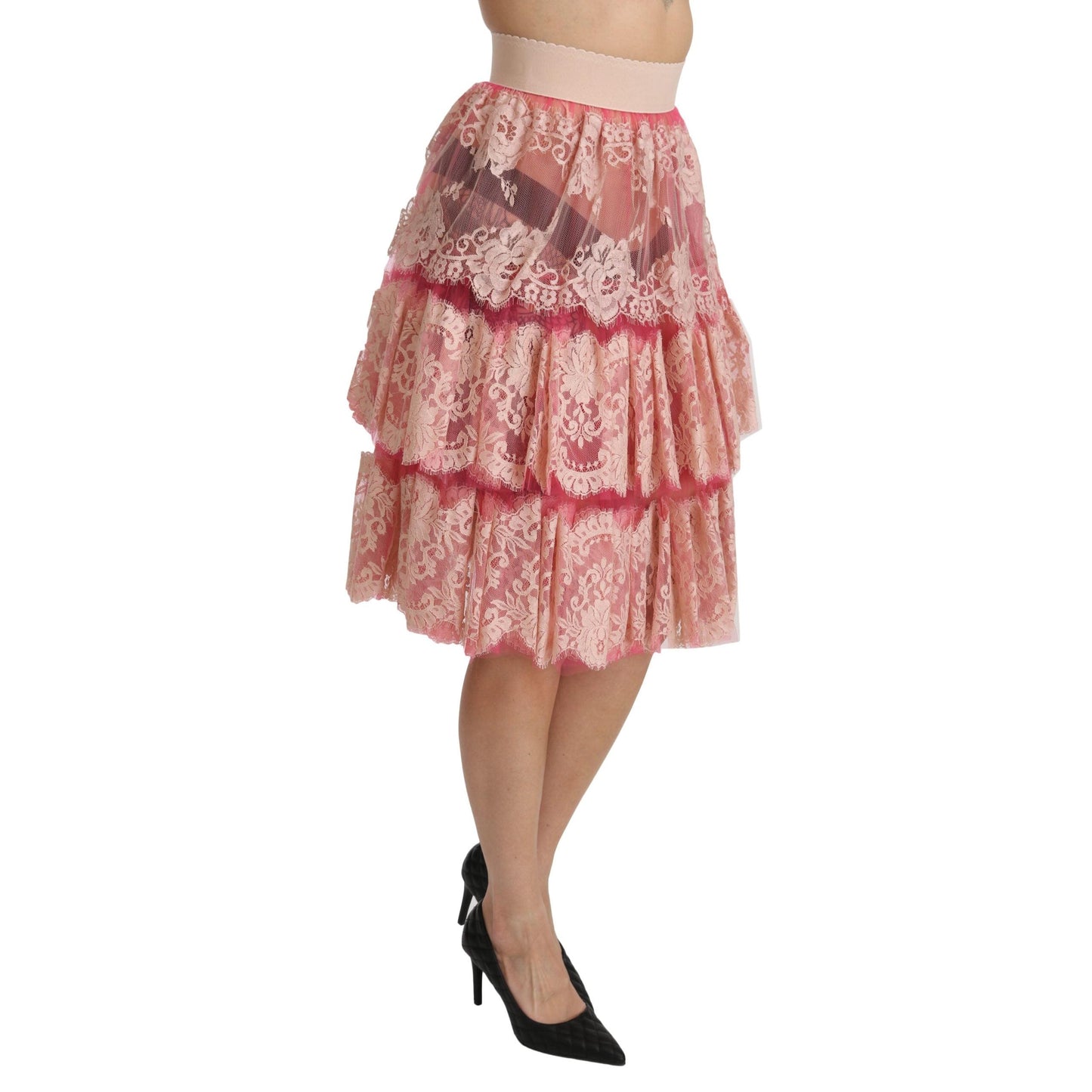 Pink Lace Layered High Waist Knee Length Skirt