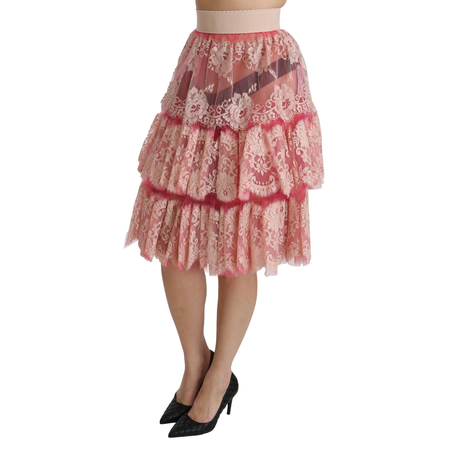 Pink Lace Layered High Waist Knee Length Skirt