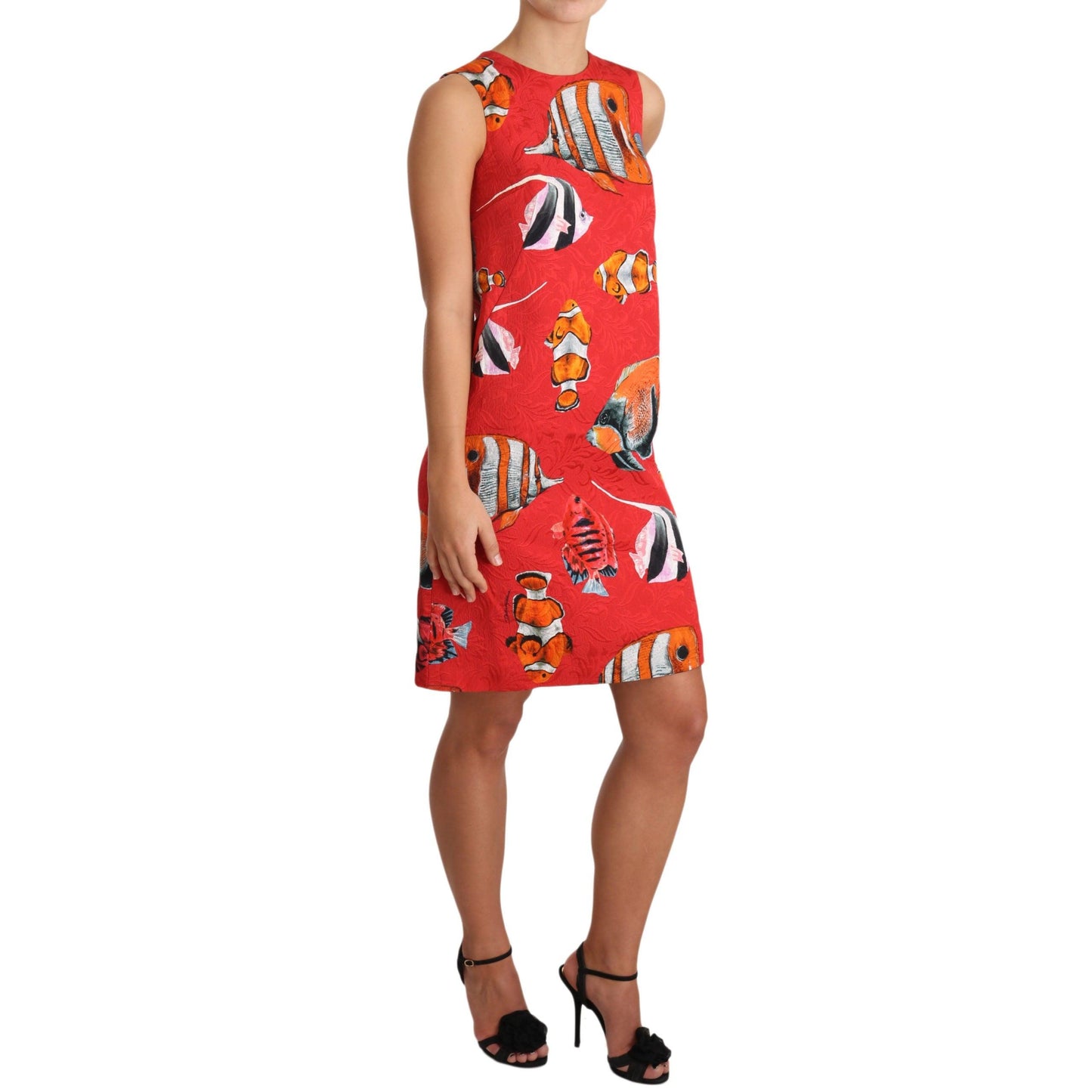 Red Fish Print Sleeveless Mini Shift Dress - coffeewithmee2