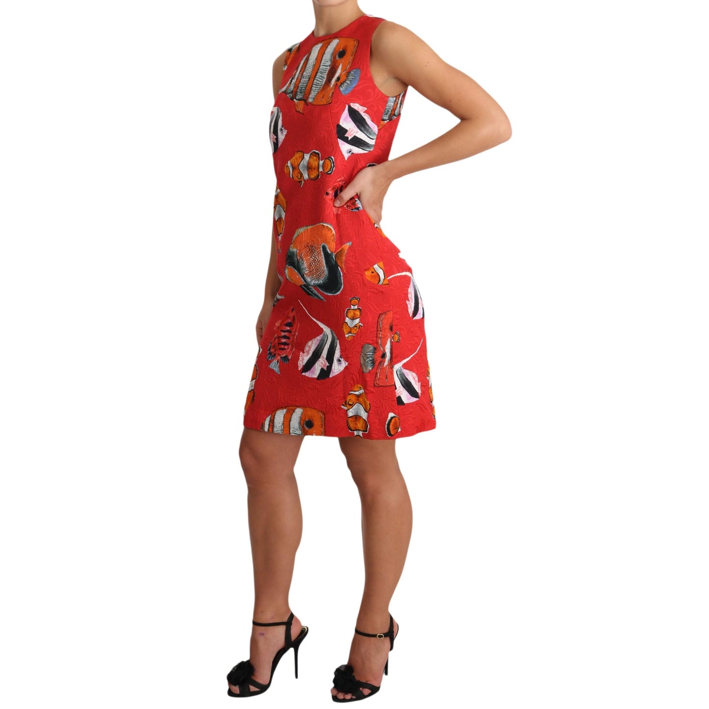 Red Fish Print Sleeveless Mini Shift Dress - coffeewithmee2