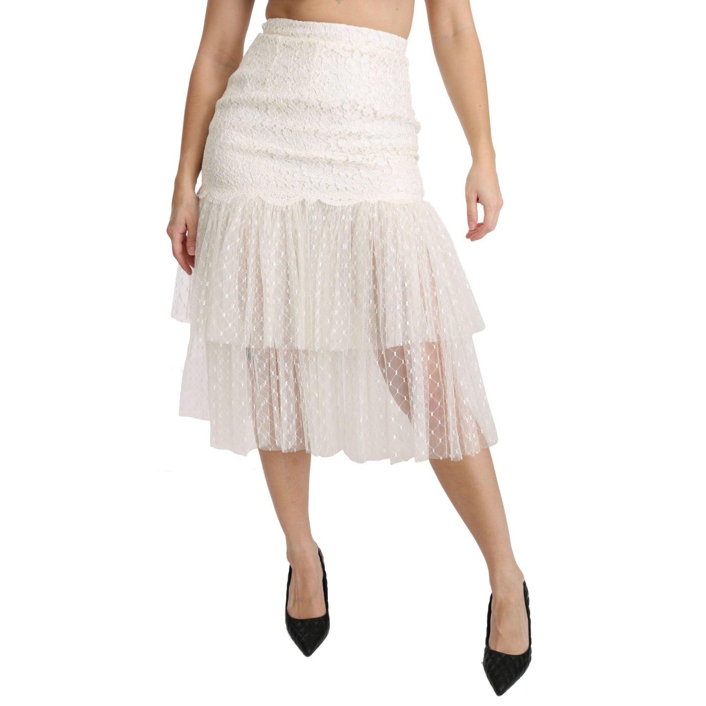 White Lace Layered High Waist Midi Cotton Skirt