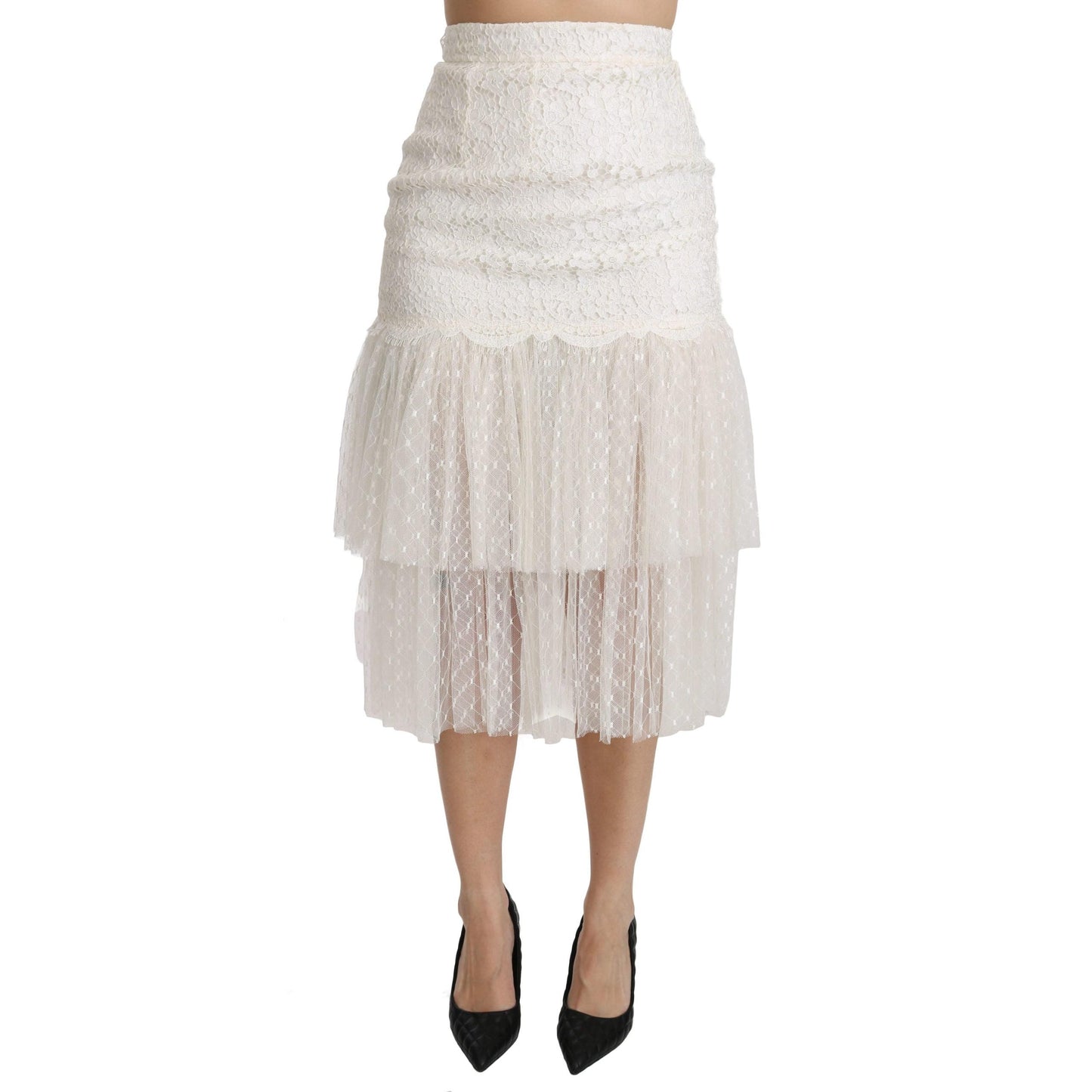 White Lace Layered High Waist Midi Cotton Skirt