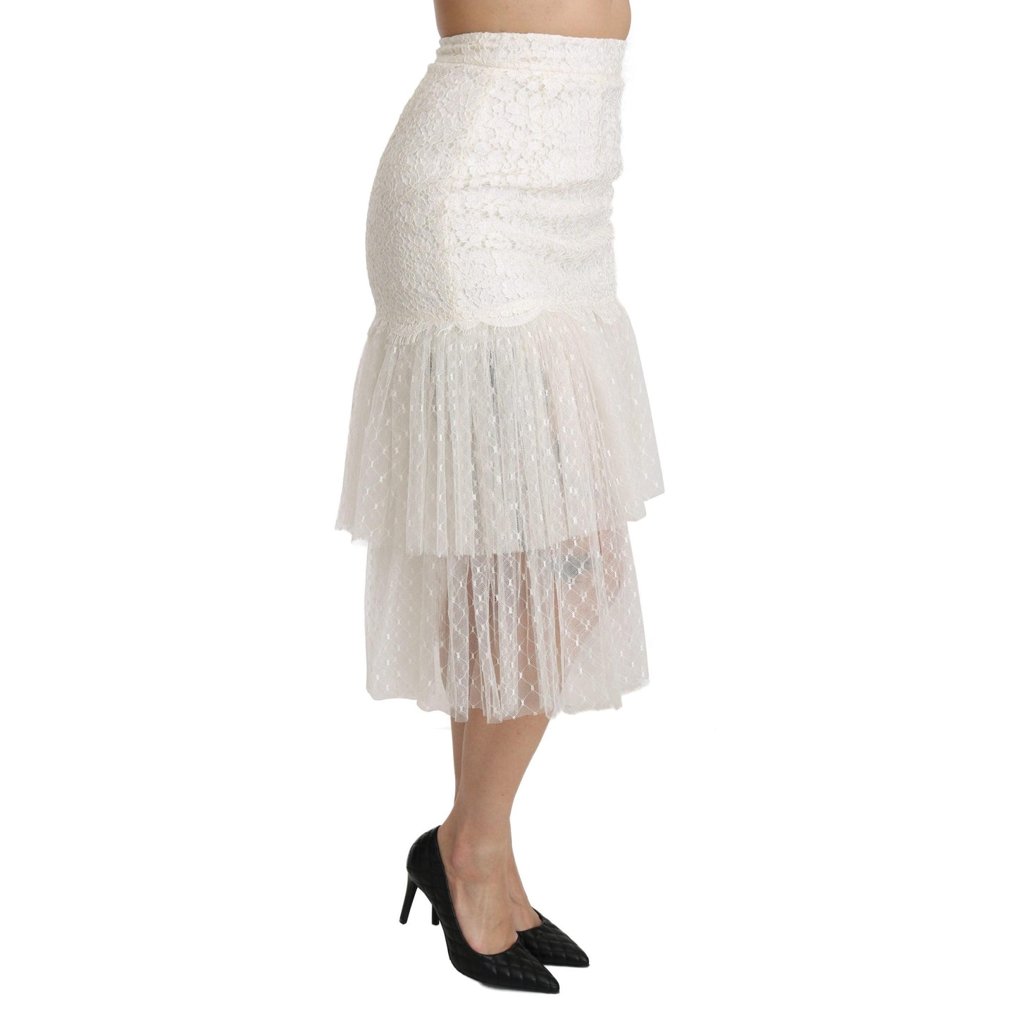 White Lace Layered High Waist Midi Cotton Skirt