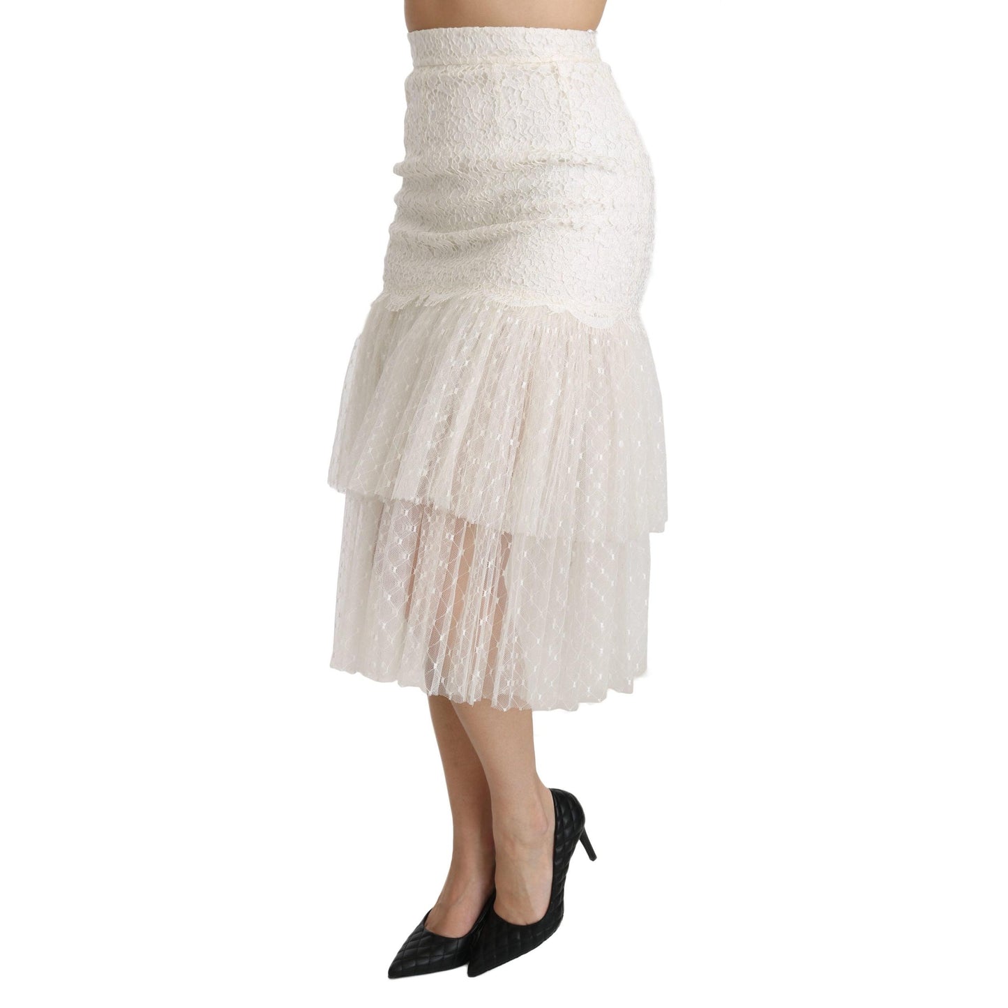 White Lace Layered High Waist Midi Cotton Skirt