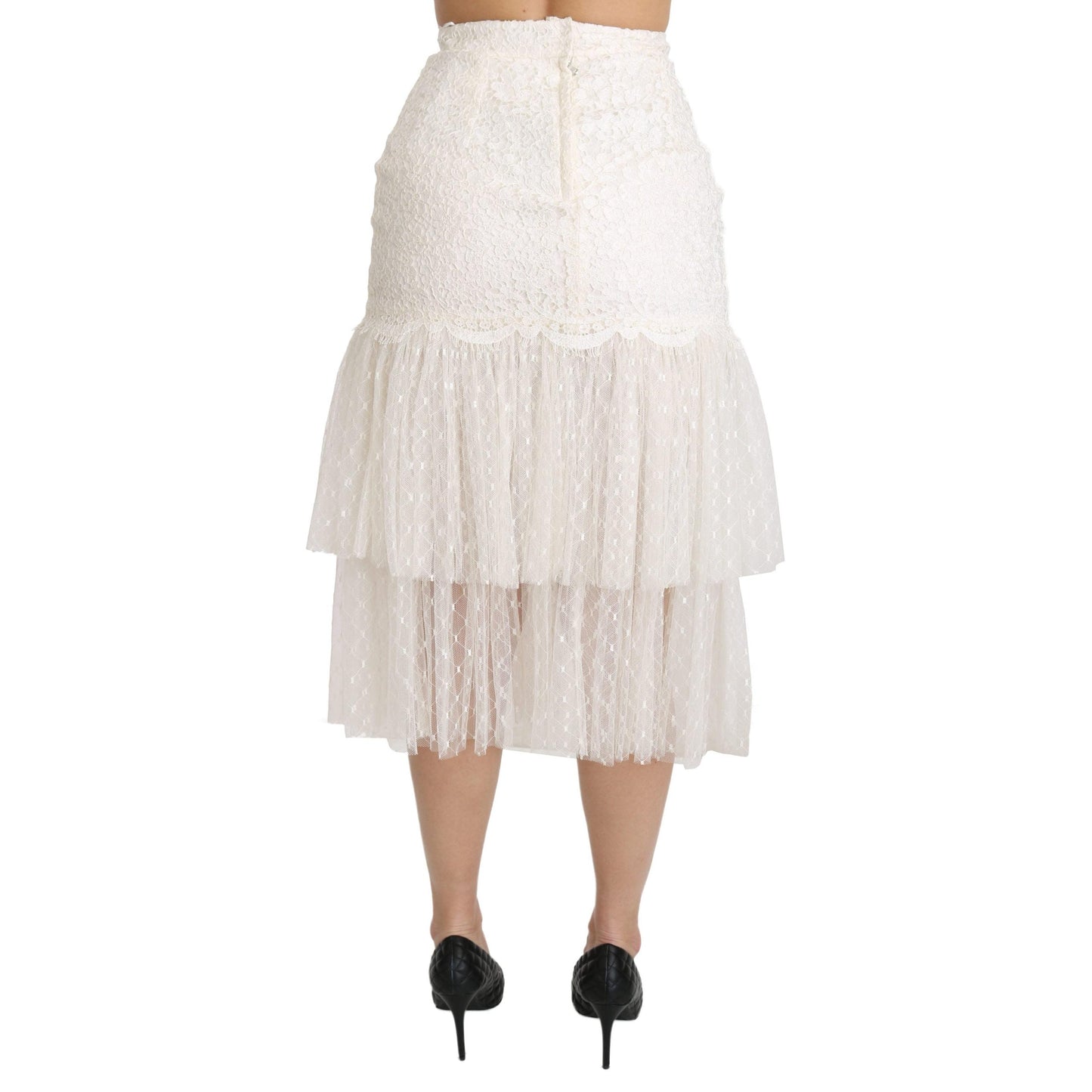 White Lace Layered High Waist Midi Cotton Skirt