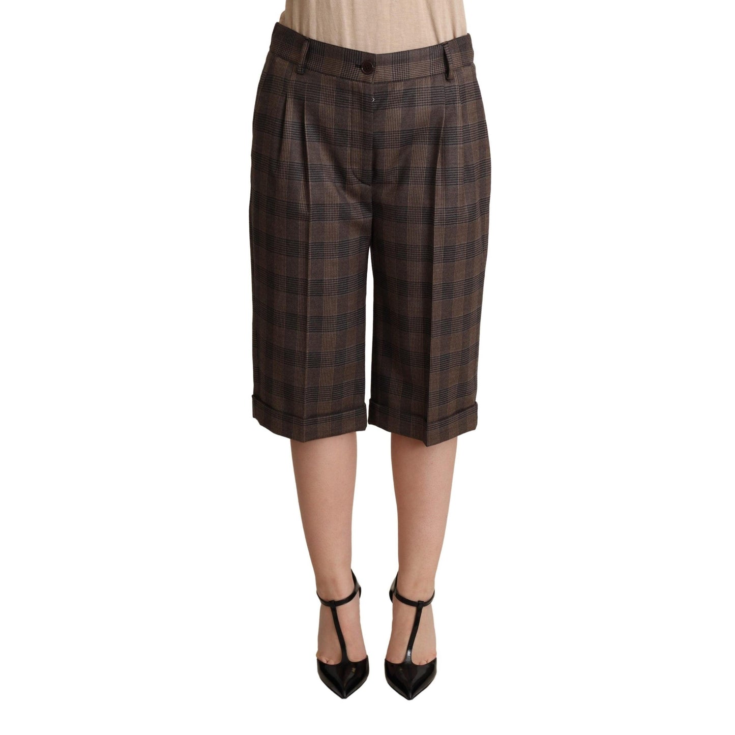 Brown Checkered Wool Bermuda Mid Waist Shorts