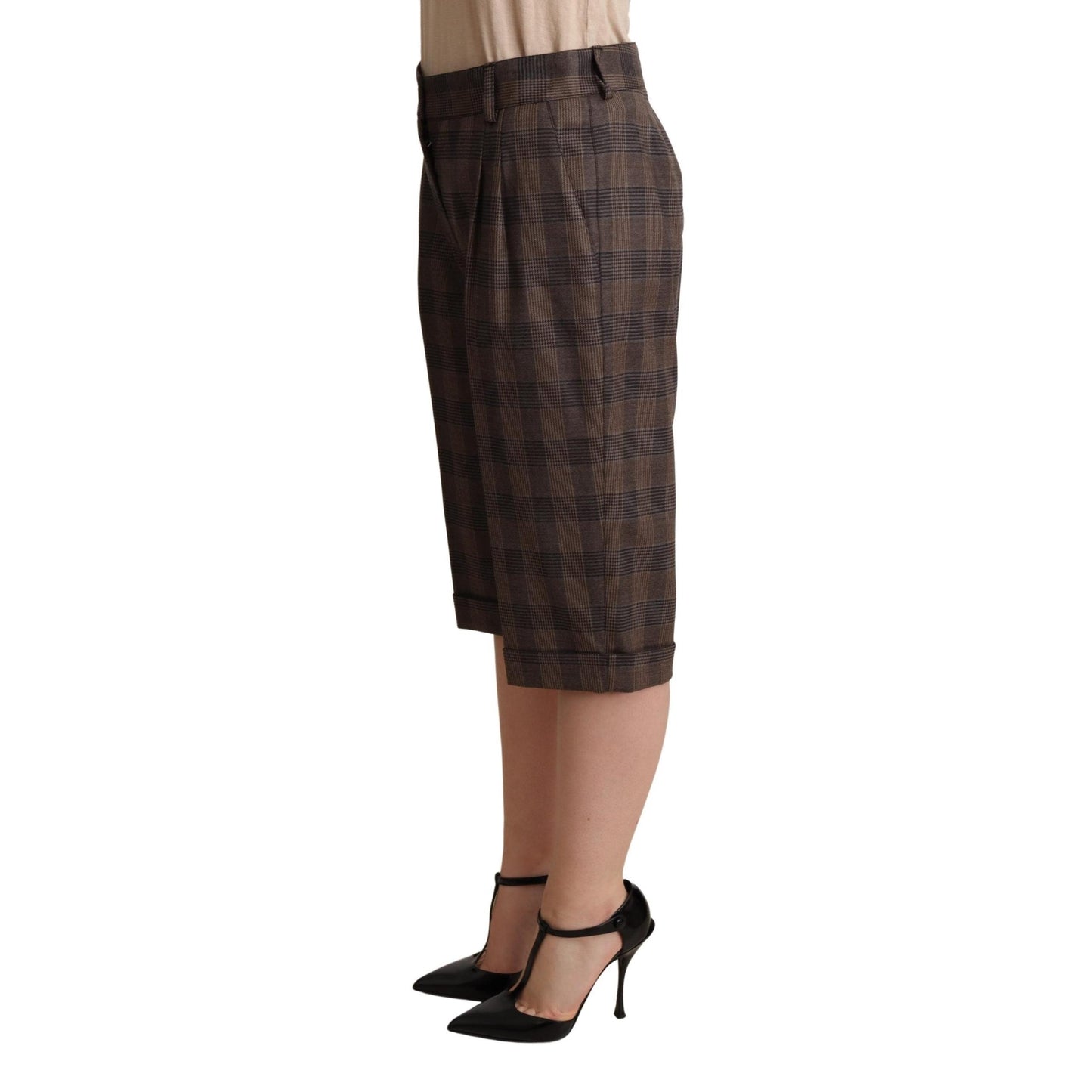 Brown Checkered Wool Bermuda Mid Waist Shorts