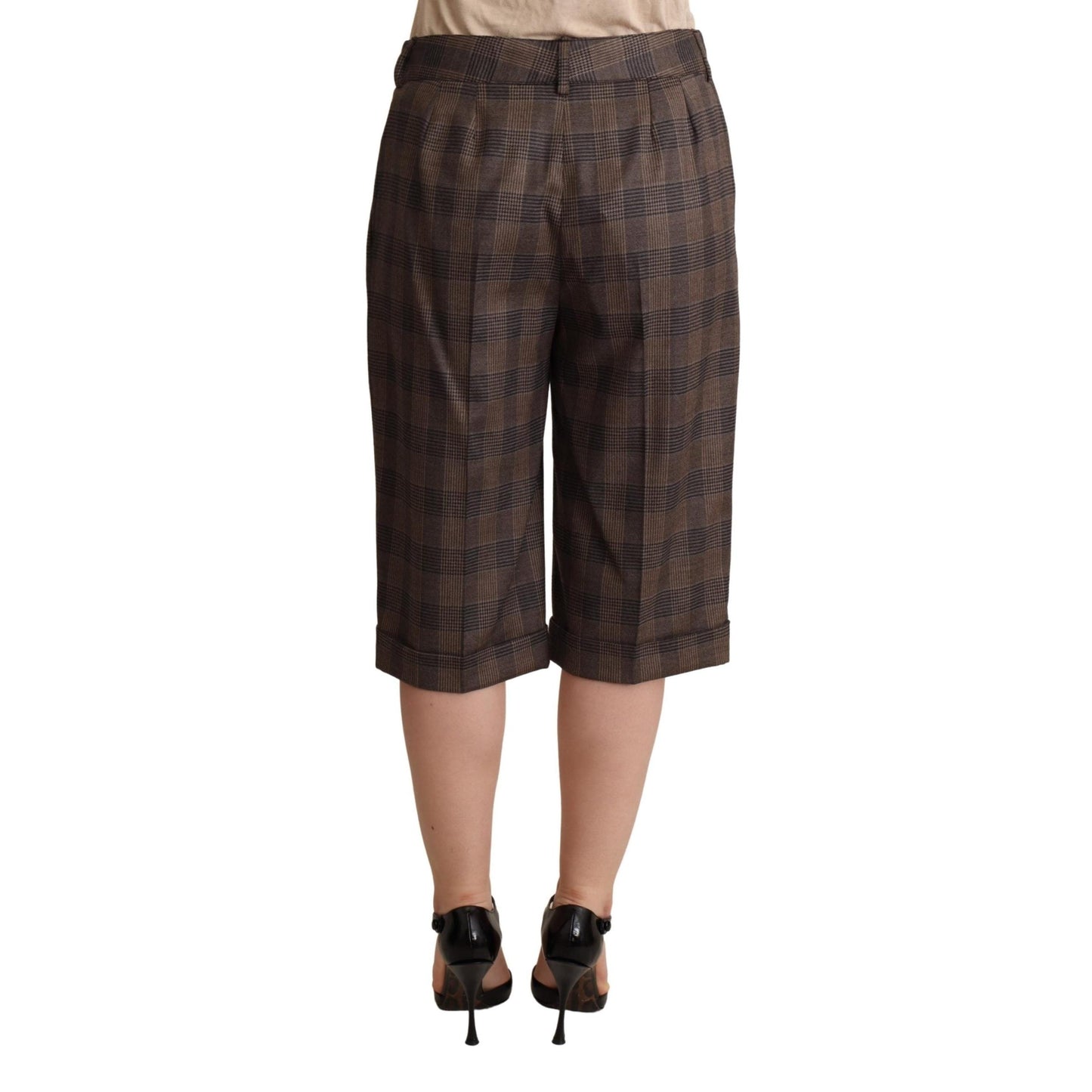 Brown Checkered Wool Bermuda Mid Waist Shorts