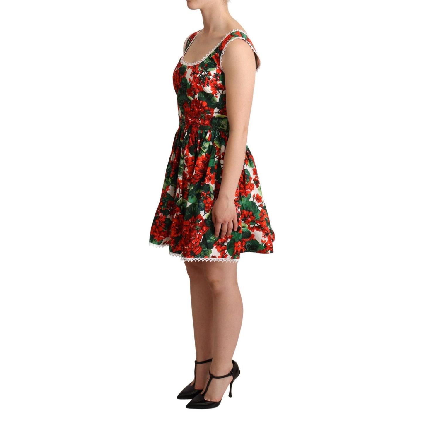 Red Geranium Print Cotton Poplin Mini Dress