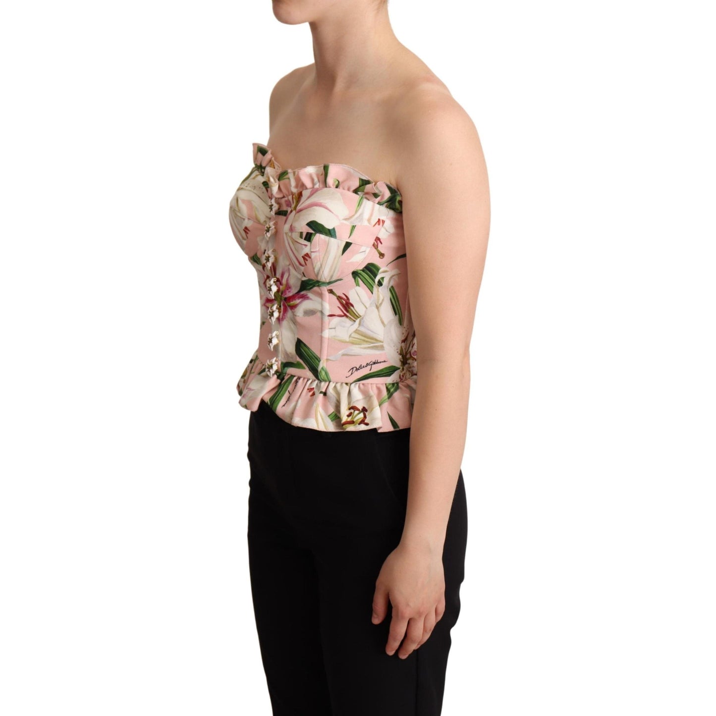 Pink Bustier Floral Appliques Blouse Top