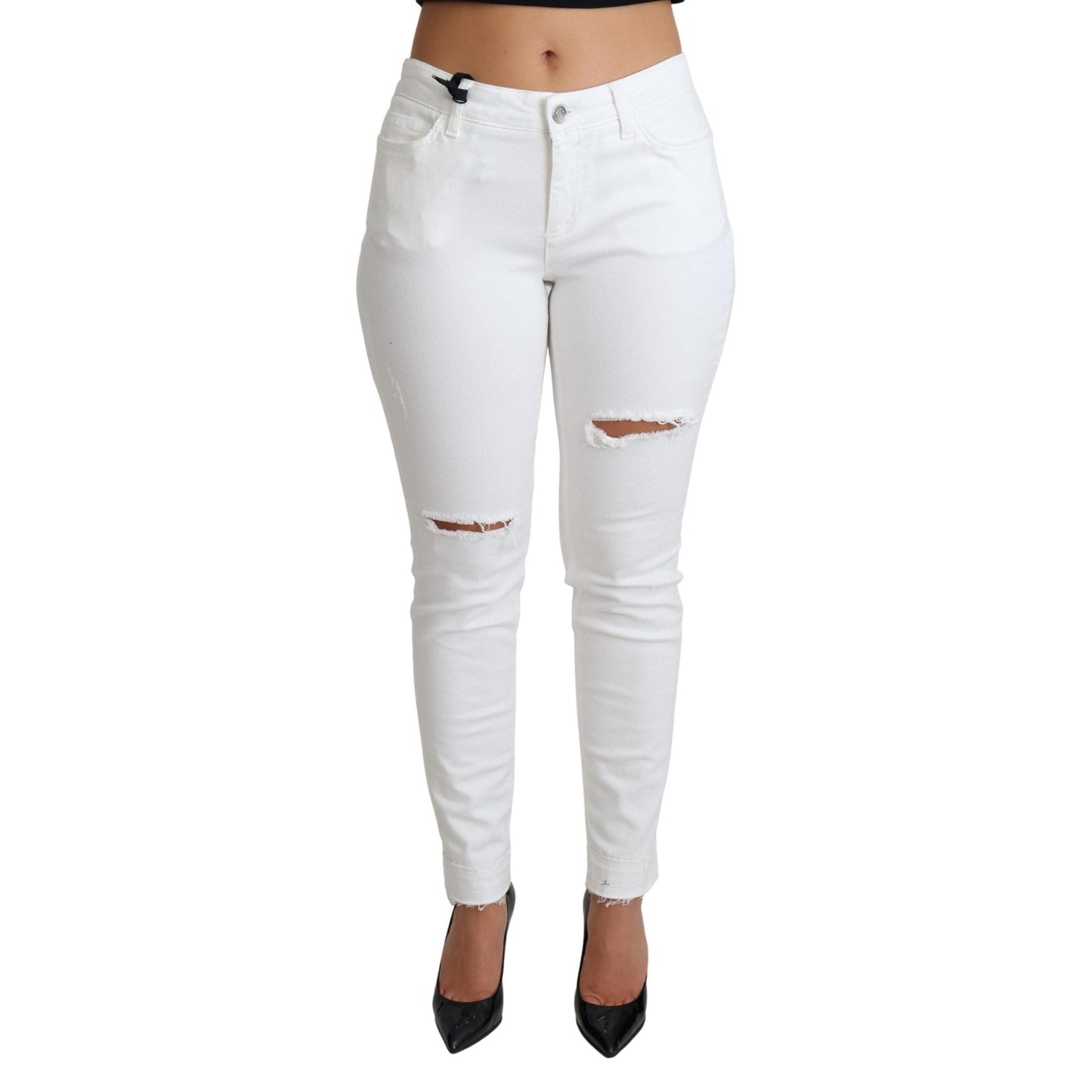 White Tattered Skinny Denim Cotton Stretch Jeans
