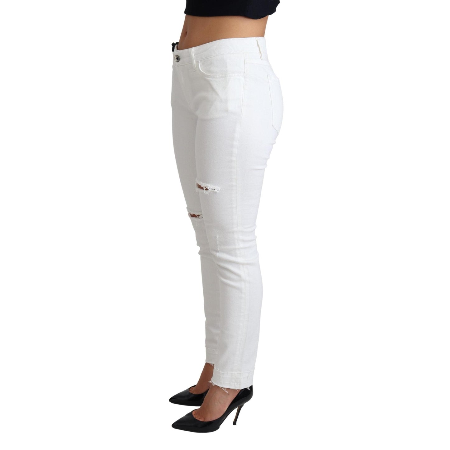 White Tattered Skinny Denim Cotton Stretch Jeans