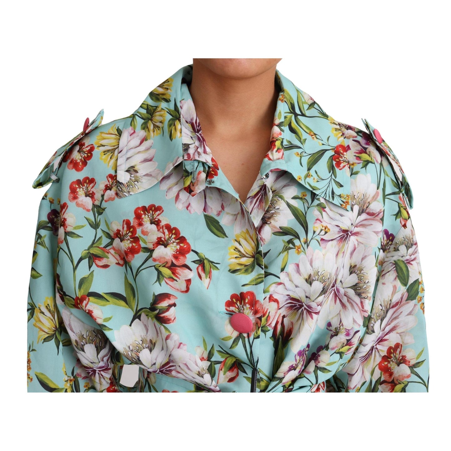 Blue Floral Silk Belted Trench Coat Jacket