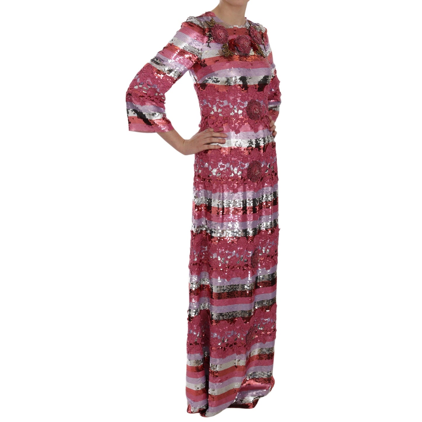 Pink Floral Sequined Crystal Gown Dress