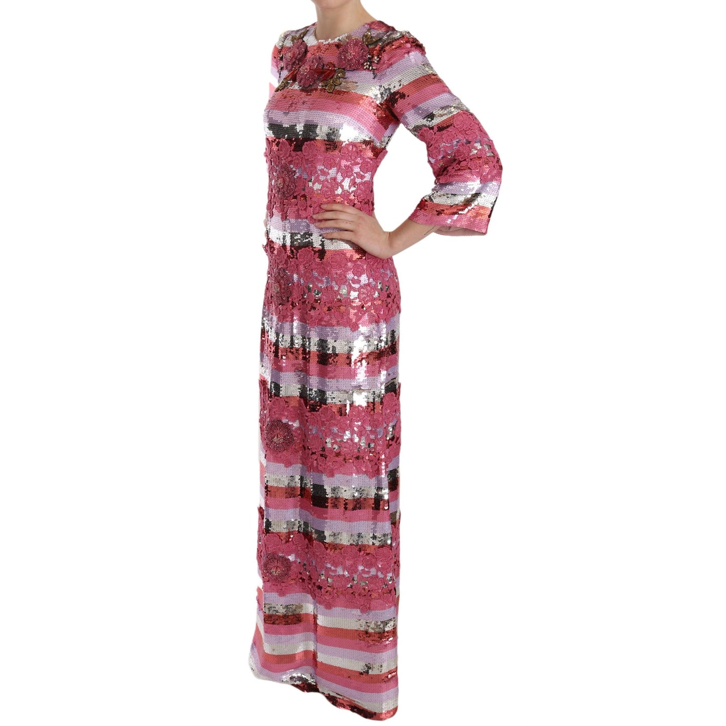 Pink Floral Sequined Crystal Gown Dress