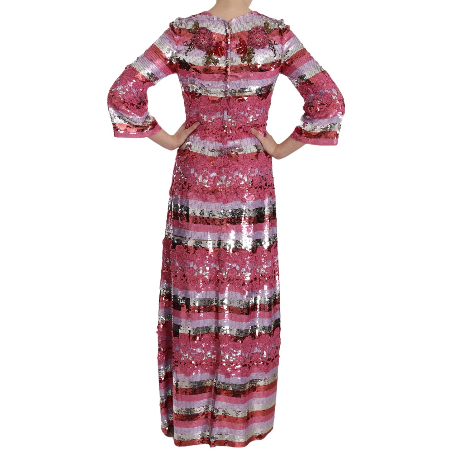 Pink Floral Sequined Crystal Gown Dress