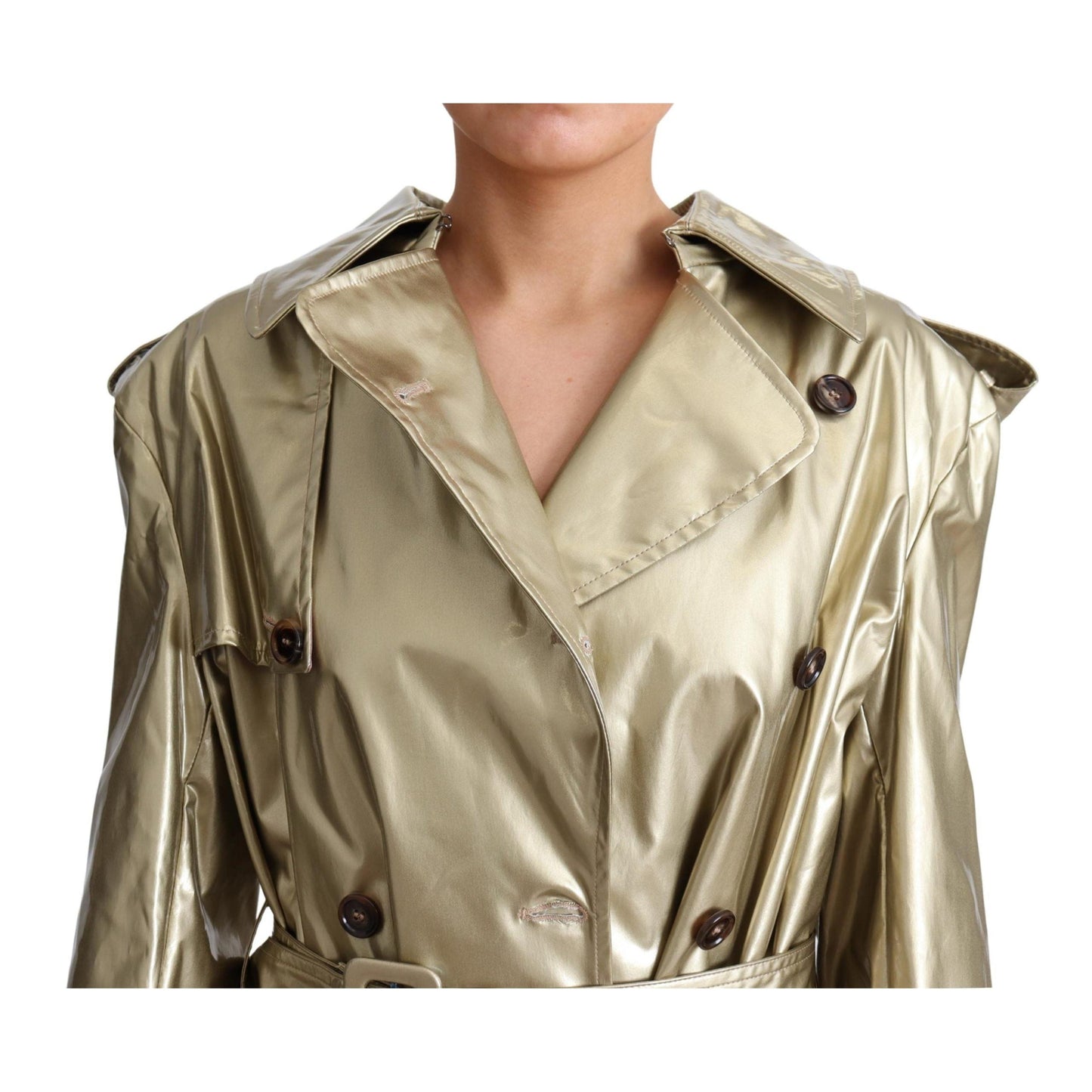 Gold Viscose Stretch Belted Trench Coat Jacket