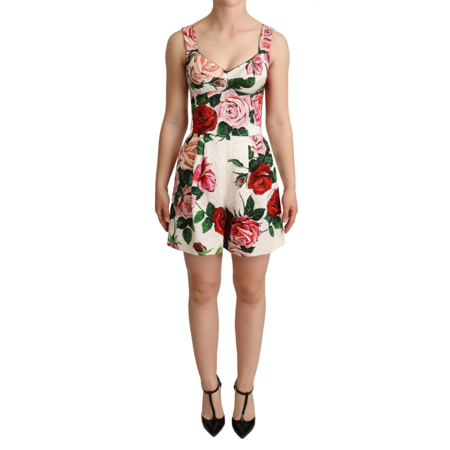 White Rose Print Brocade Jumpsuit Dress