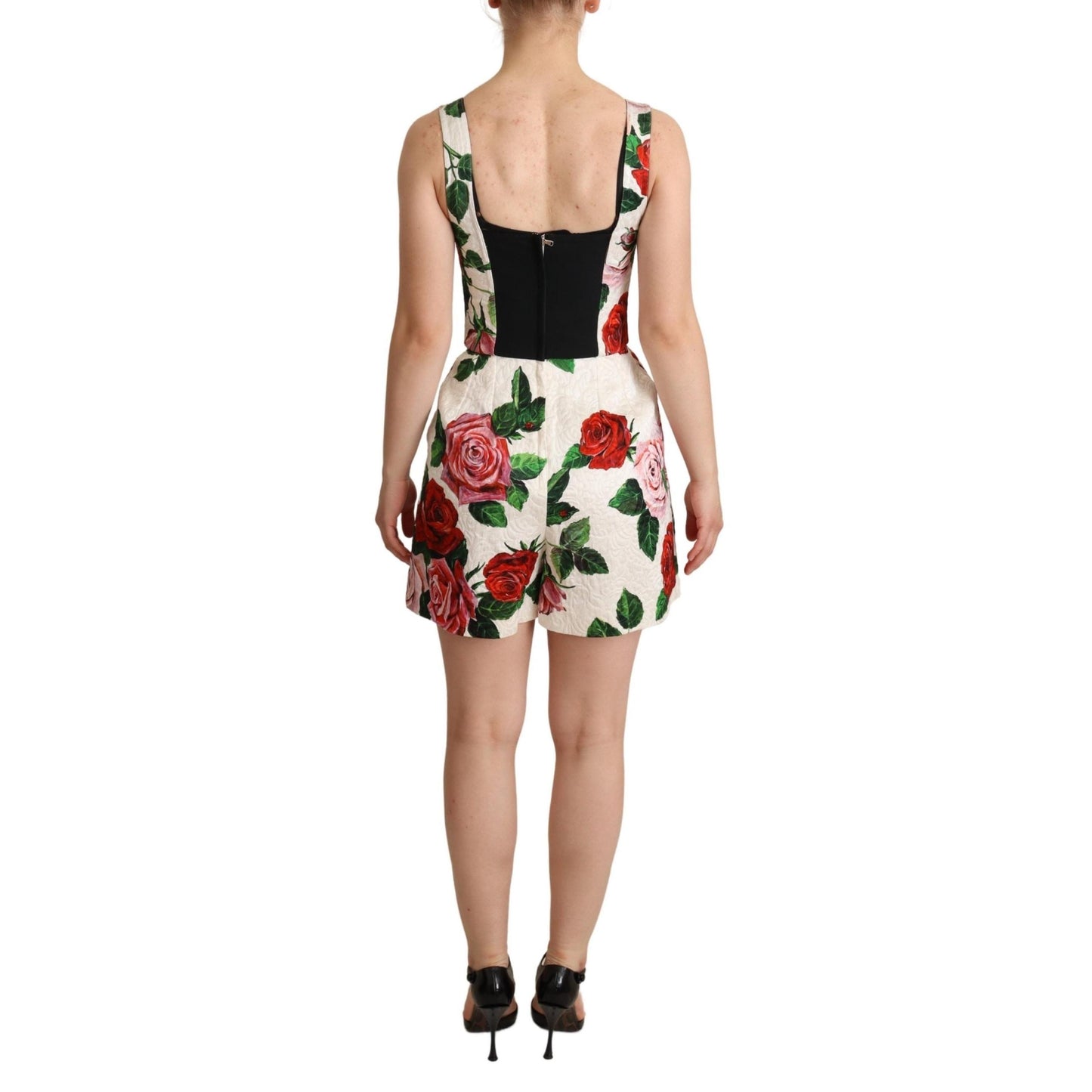 White Rose Print Brocade Jumpsuit Dress