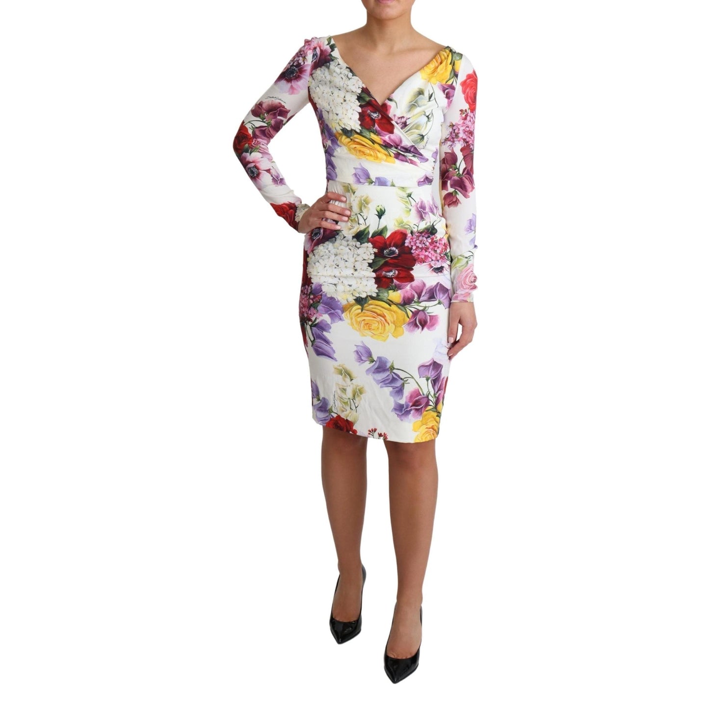 White Floral Print Silk Long Sleeve Dress