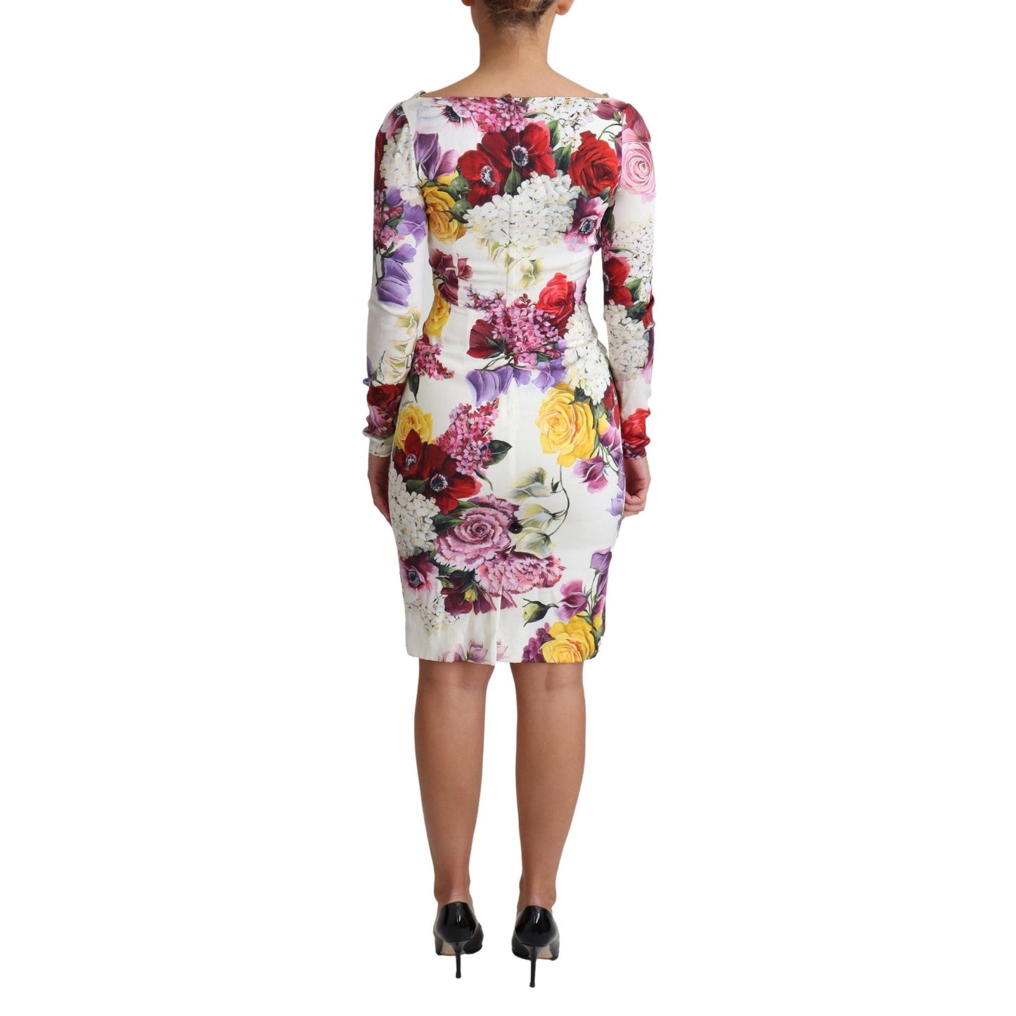 White Floral Print Silk Long Sleeve Dress