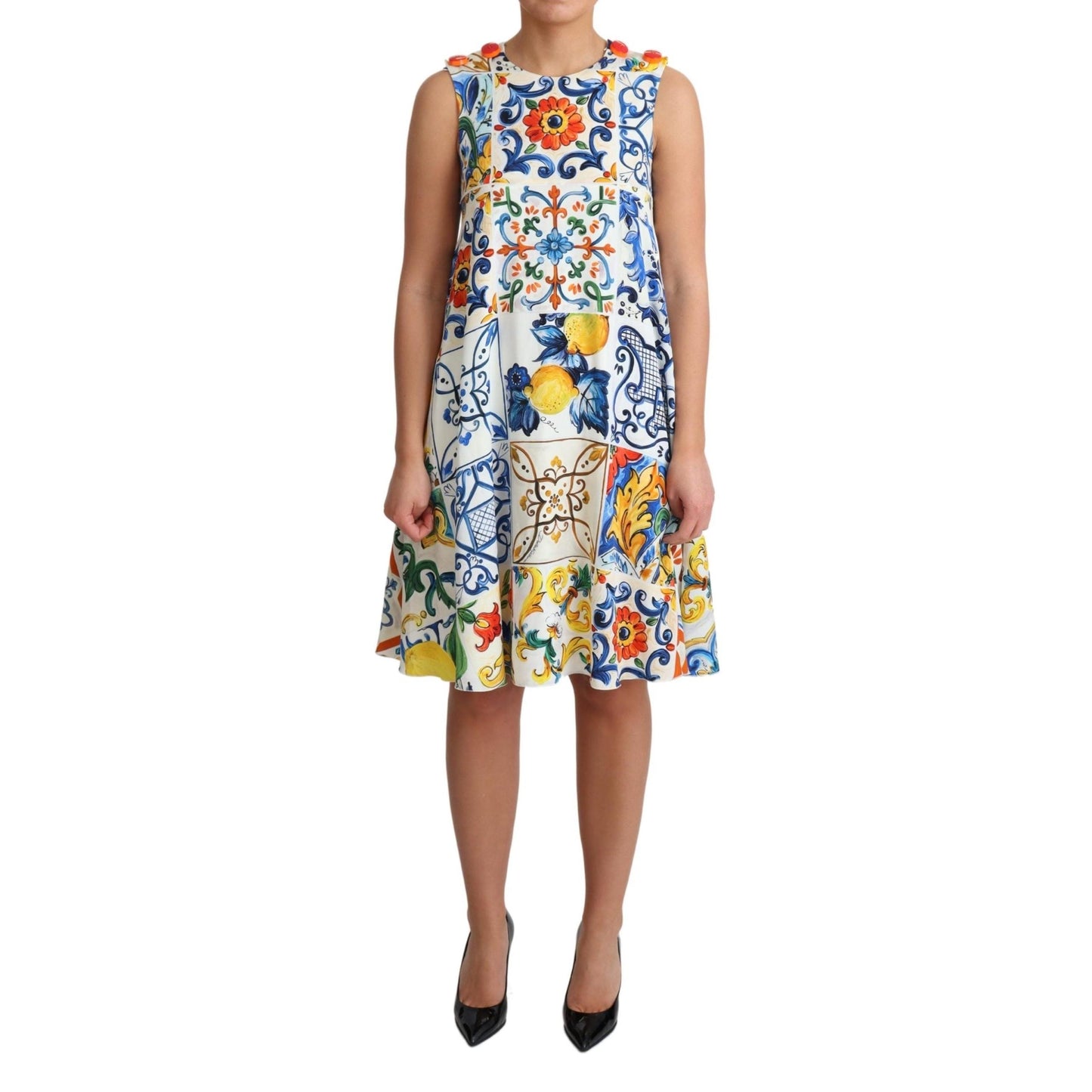 White Majolica Print Shift A-line Silk Dress