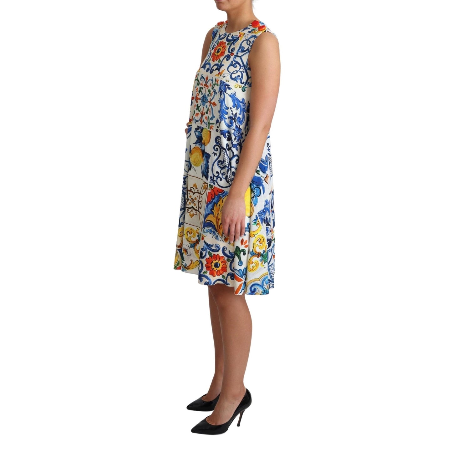 White Majolica Print Shift A-line Silk Dress