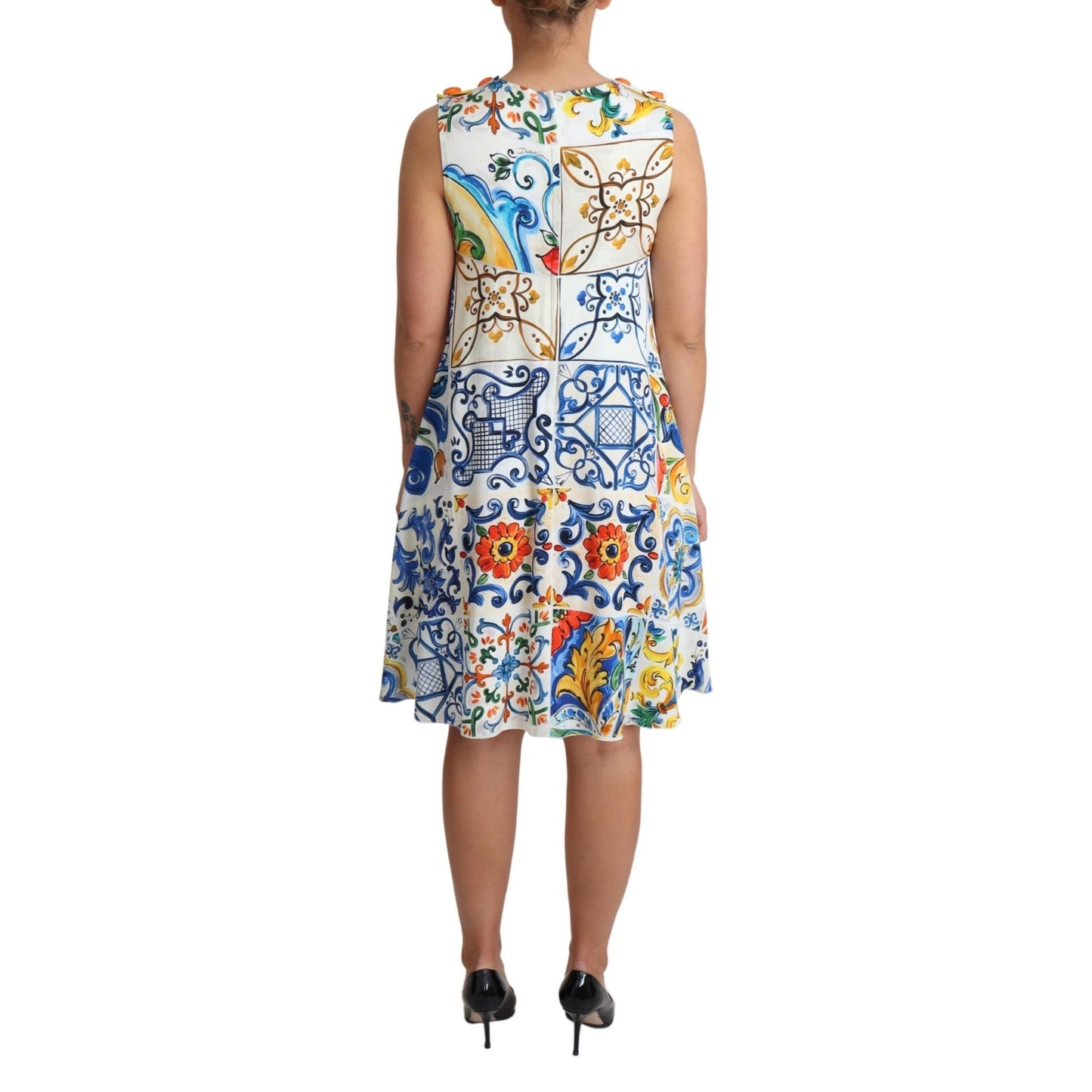 White Majolica Print Shift A-line Silk Dress