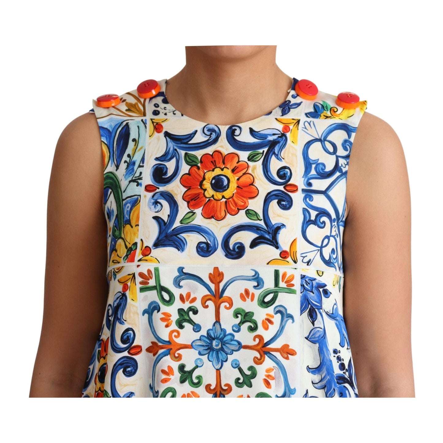 White Majolica Print Shift A-line Silk Dress