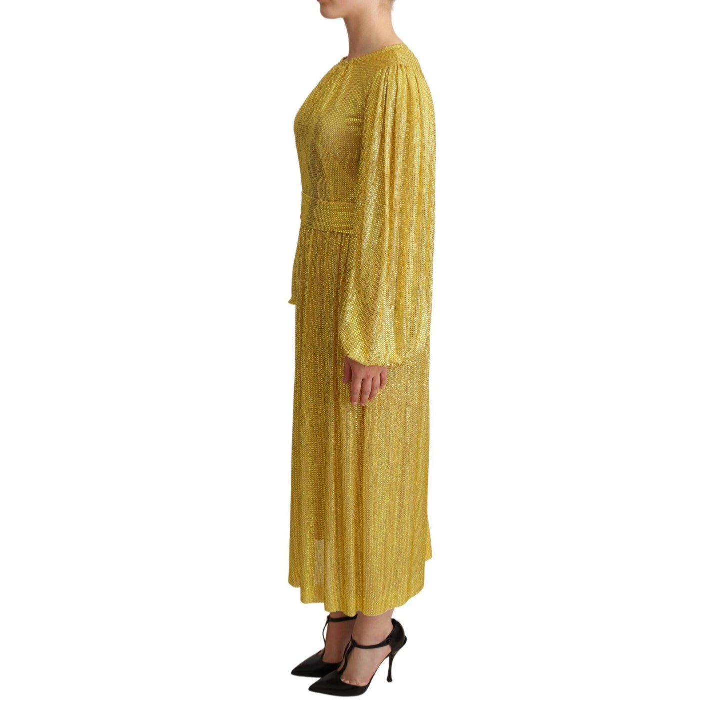 Yellow Crystal Mesh Pleated Maxi Dress