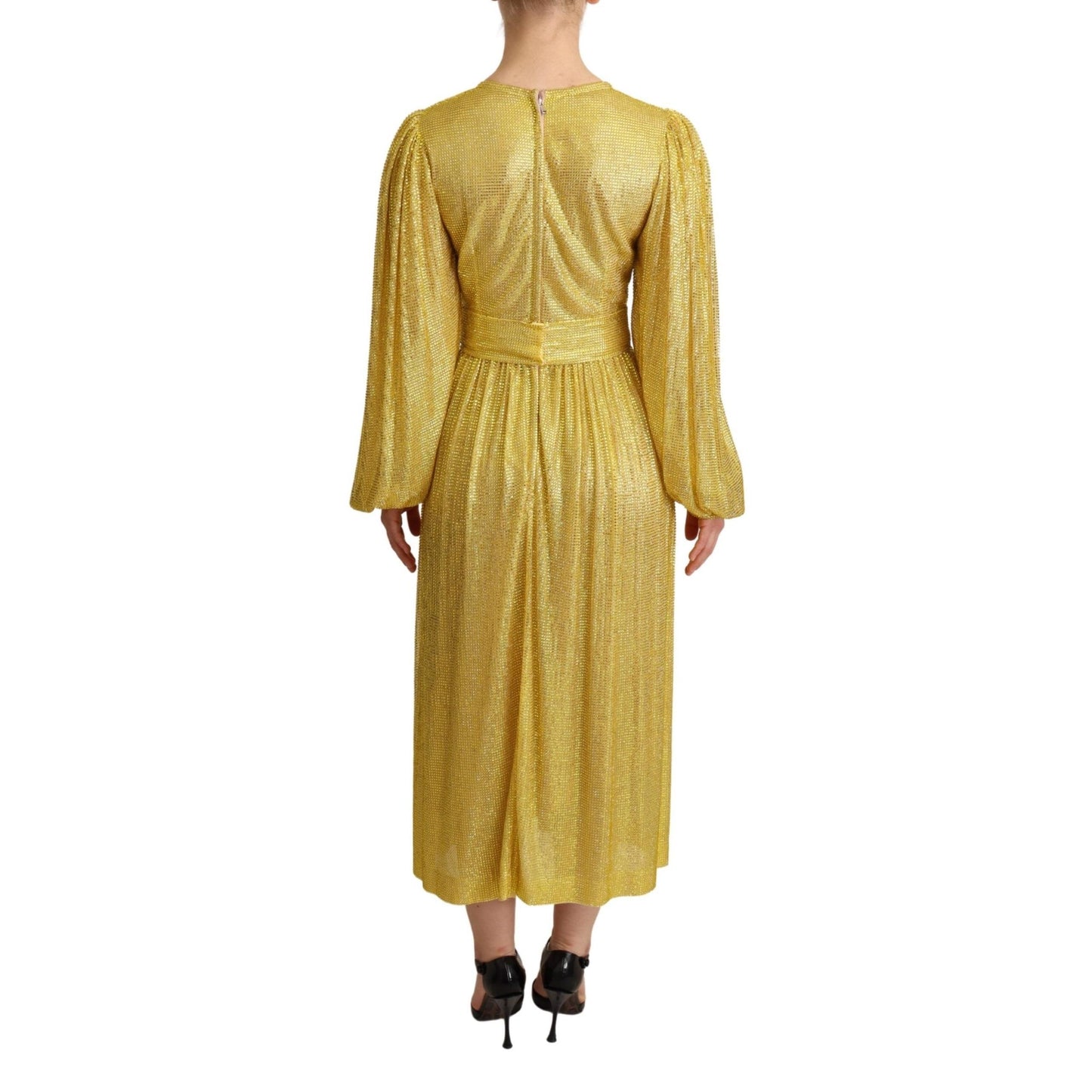 Yellow Crystal Mesh Pleated Maxi Dress