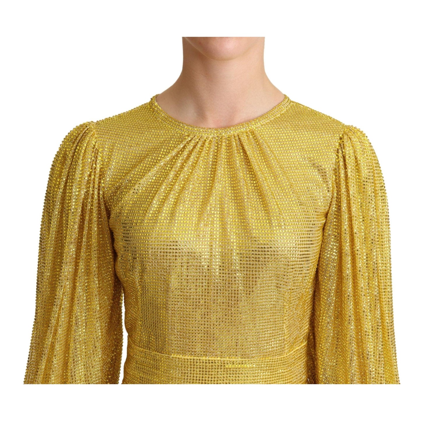 Yellow Crystal Mesh Pleated Maxi Dress