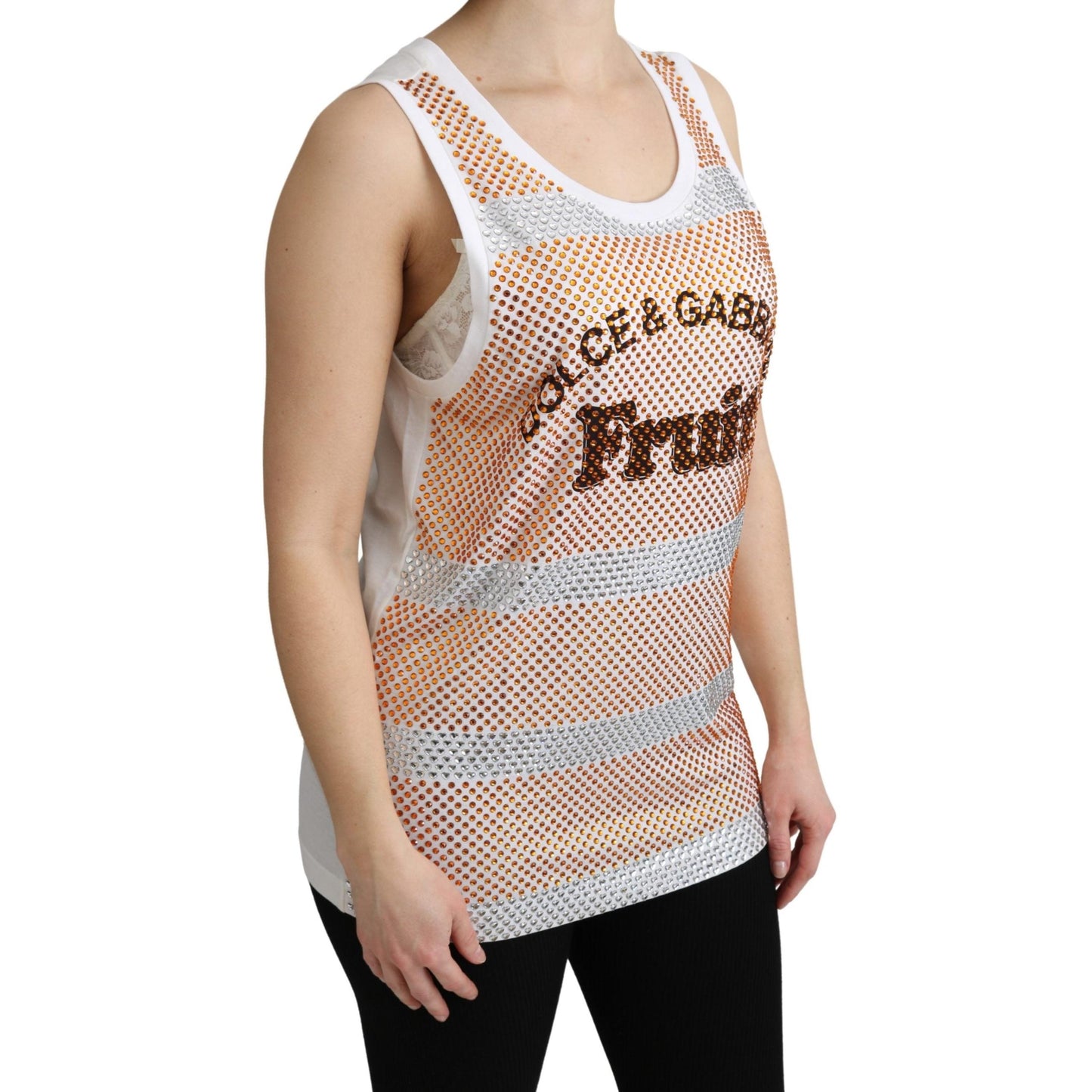 White Orange Crystal Sleeveless Tank Cotton Top