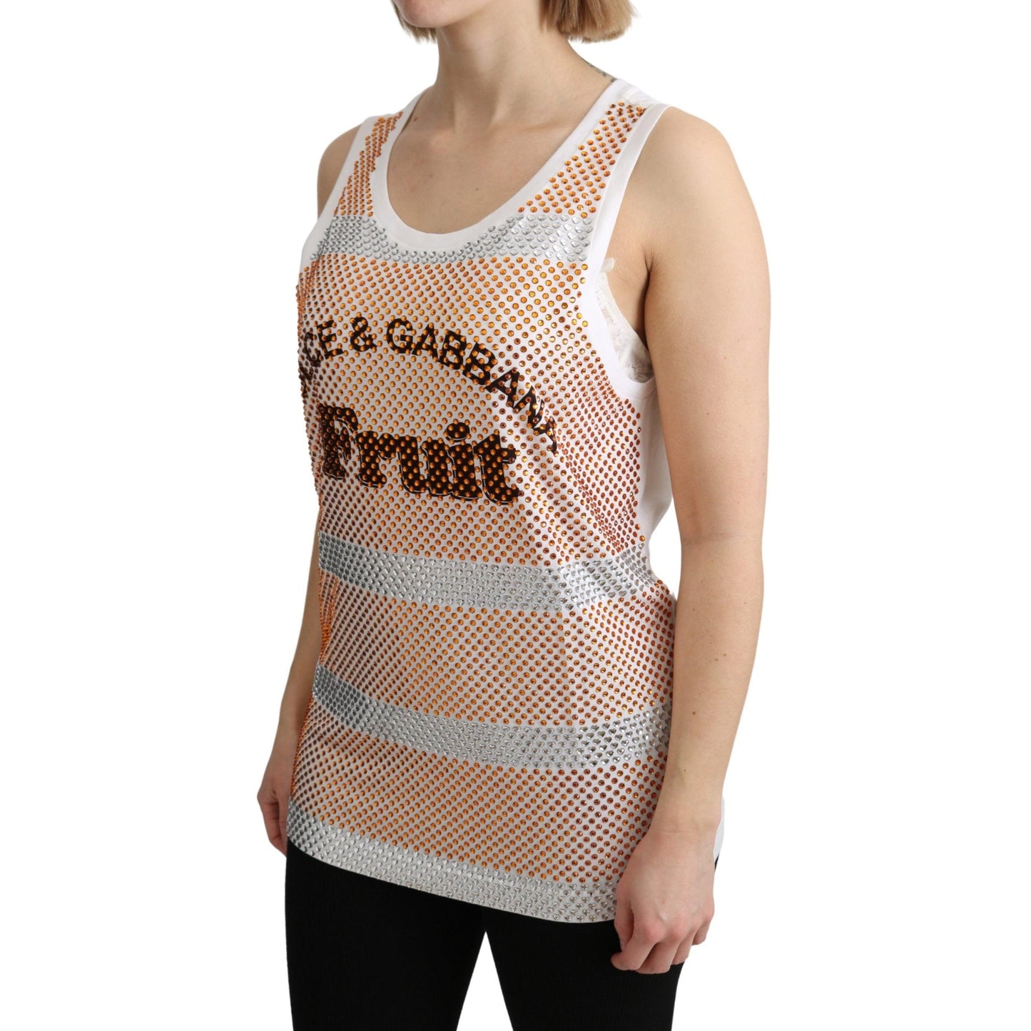 White Orange Crystal Sleeveless Tank Cotton Top