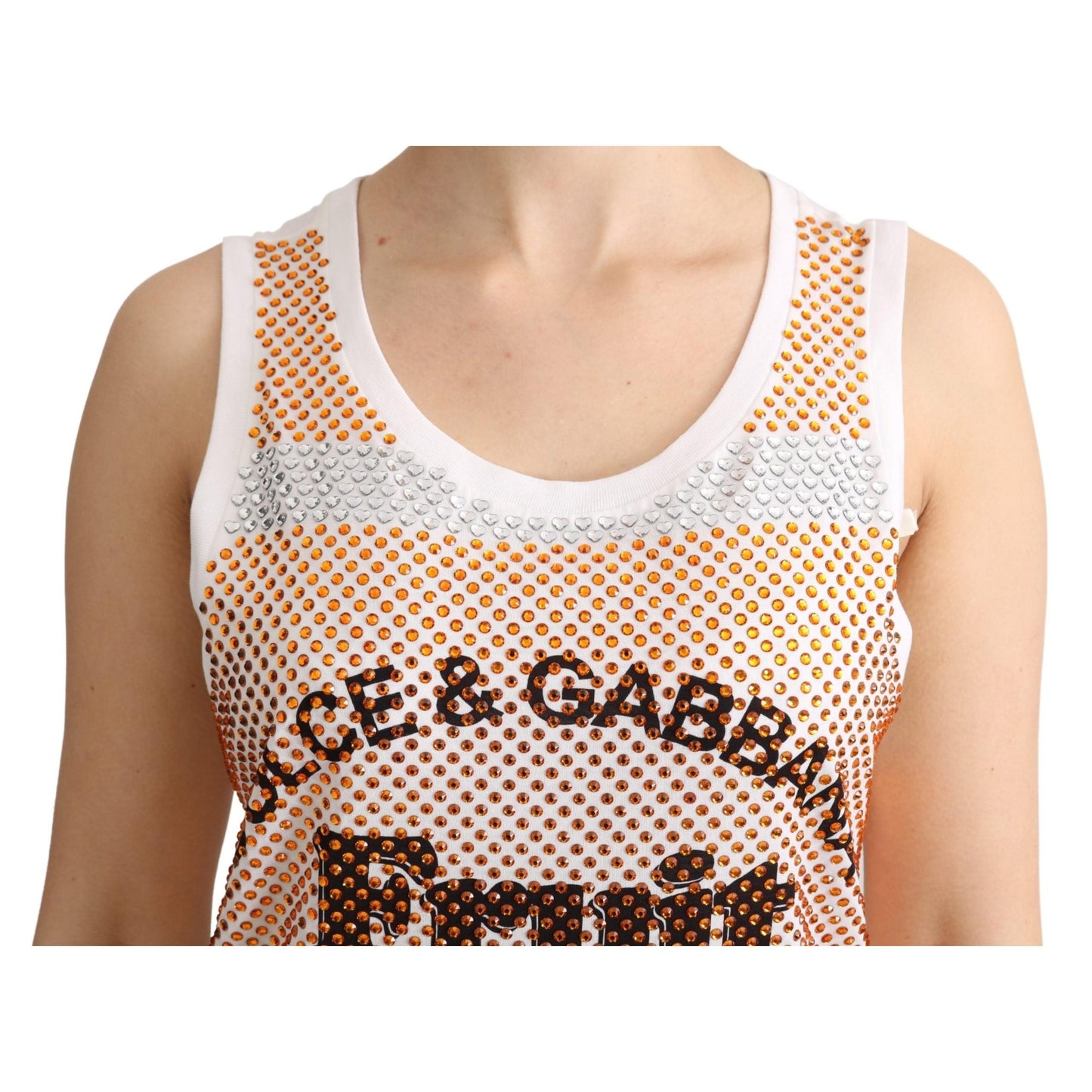 White Orange Crystal Sleeveless Tank Cotton Top