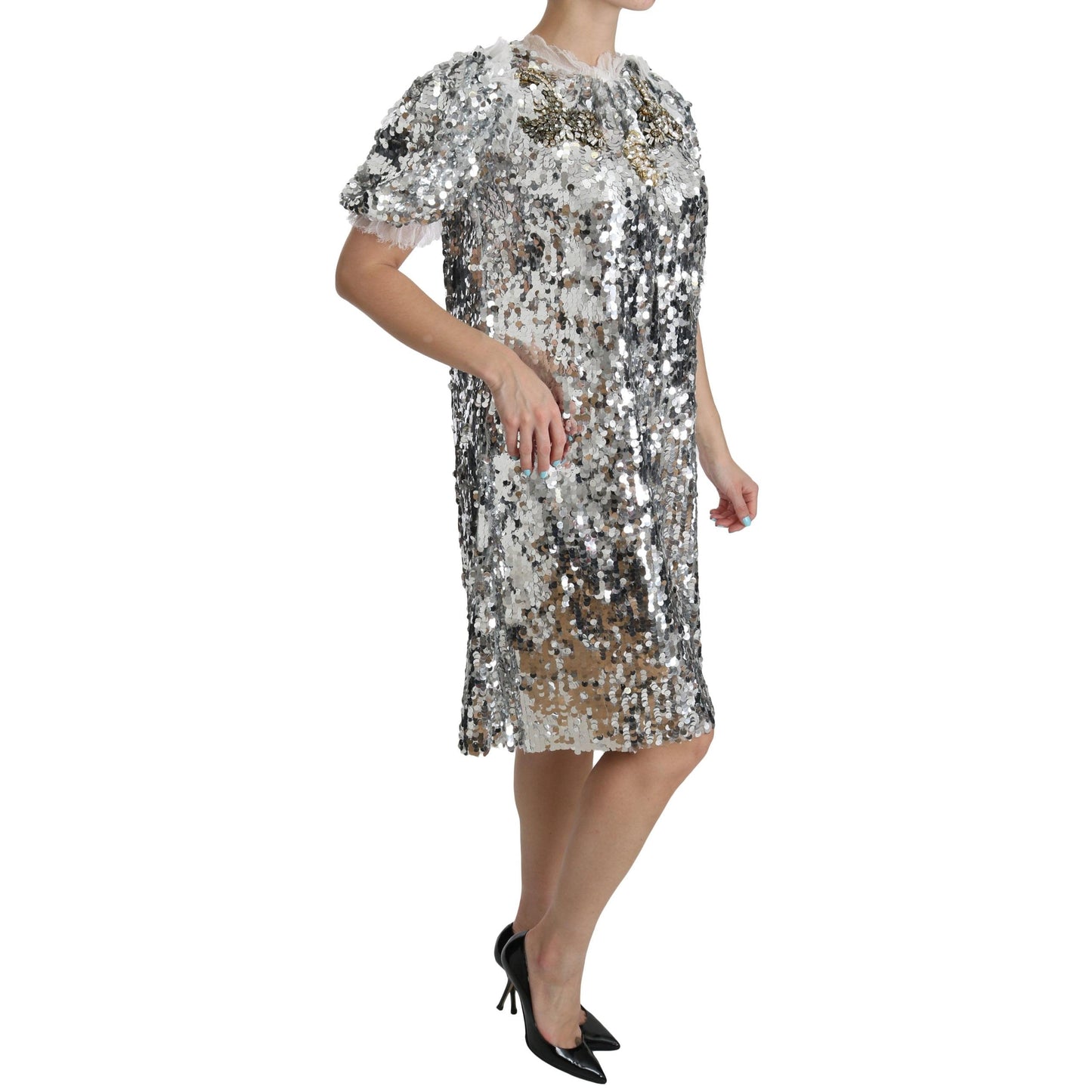 Silver Sequined Crystal Shift Gown Dress