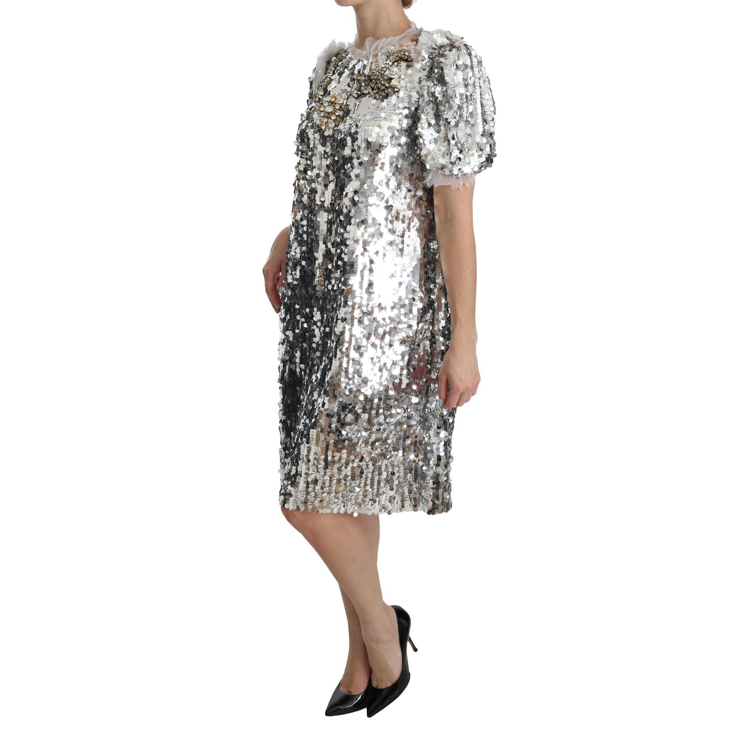 Silver Sequined Crystal Shift Gown Dress