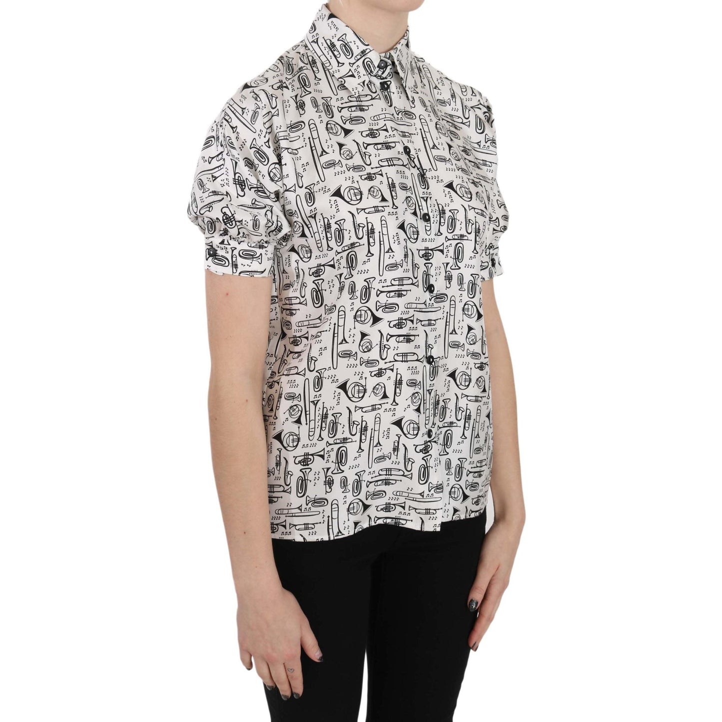 Trumpet Print Button Front Silk Top Blouse