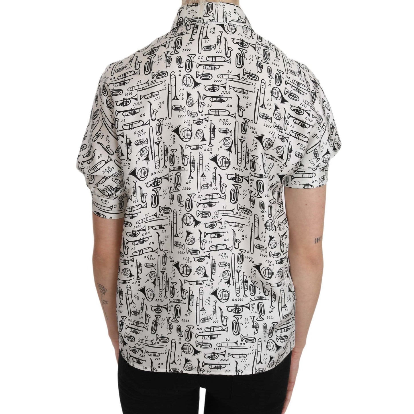 Trumpet Print Button Front Silk Top Blouse
