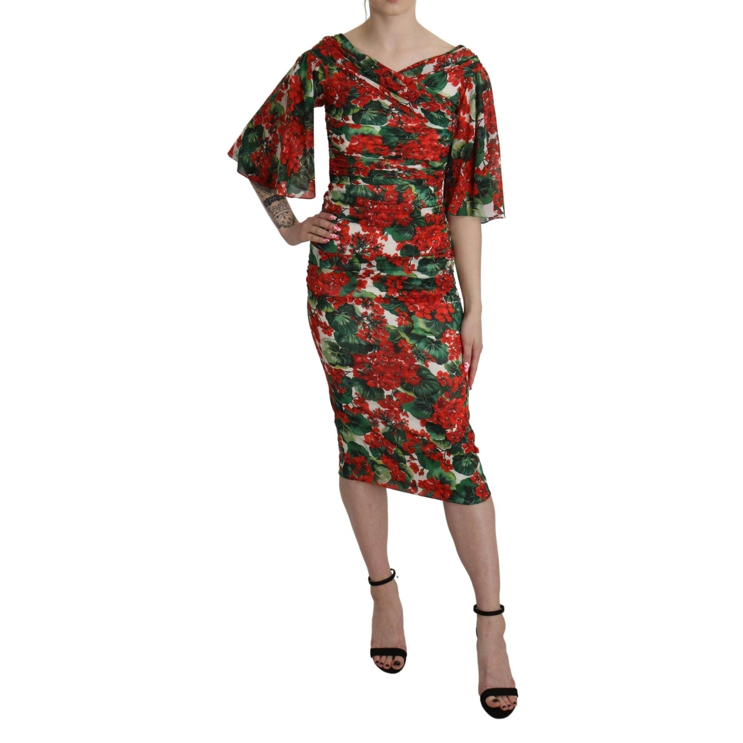 Red Floral Sheath Midi Silk Stretch Dress